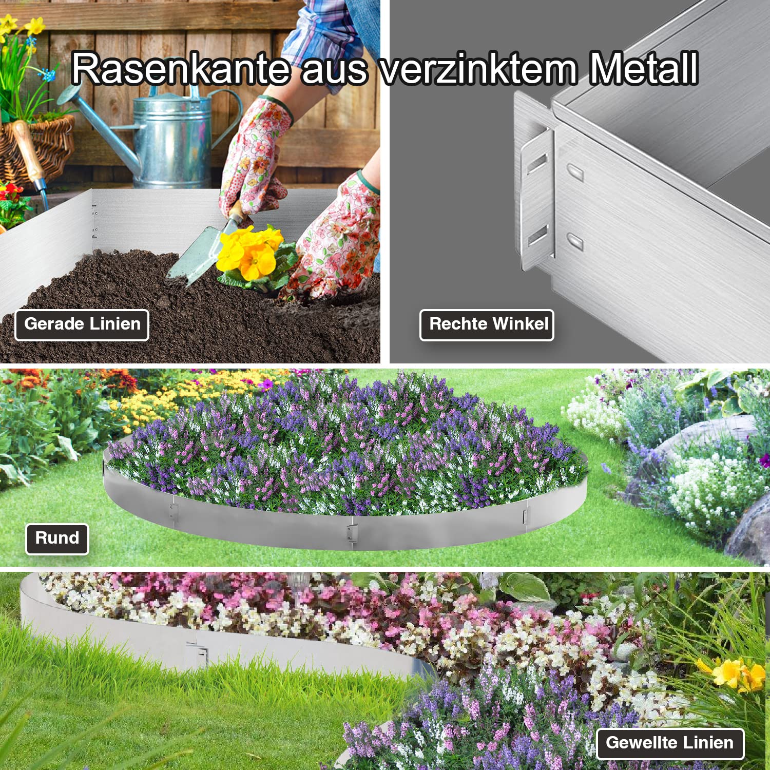 Bordure de pelouse en métal 20m - 20 pièces Bordure de Tonte, galvanisée Clôture de Jardin Bordure de Parterre Longueur par Bande 10m - Hauteur 15cm, Argent