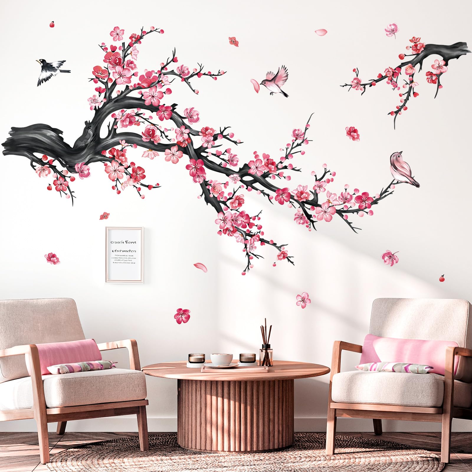 decalmile Pink Flower Branch Wall Decals Watercolor Blossom Floral Tree Branches Wall Stickers Living Room Bedroom Sofa TV Background Wall Decor - Image 2