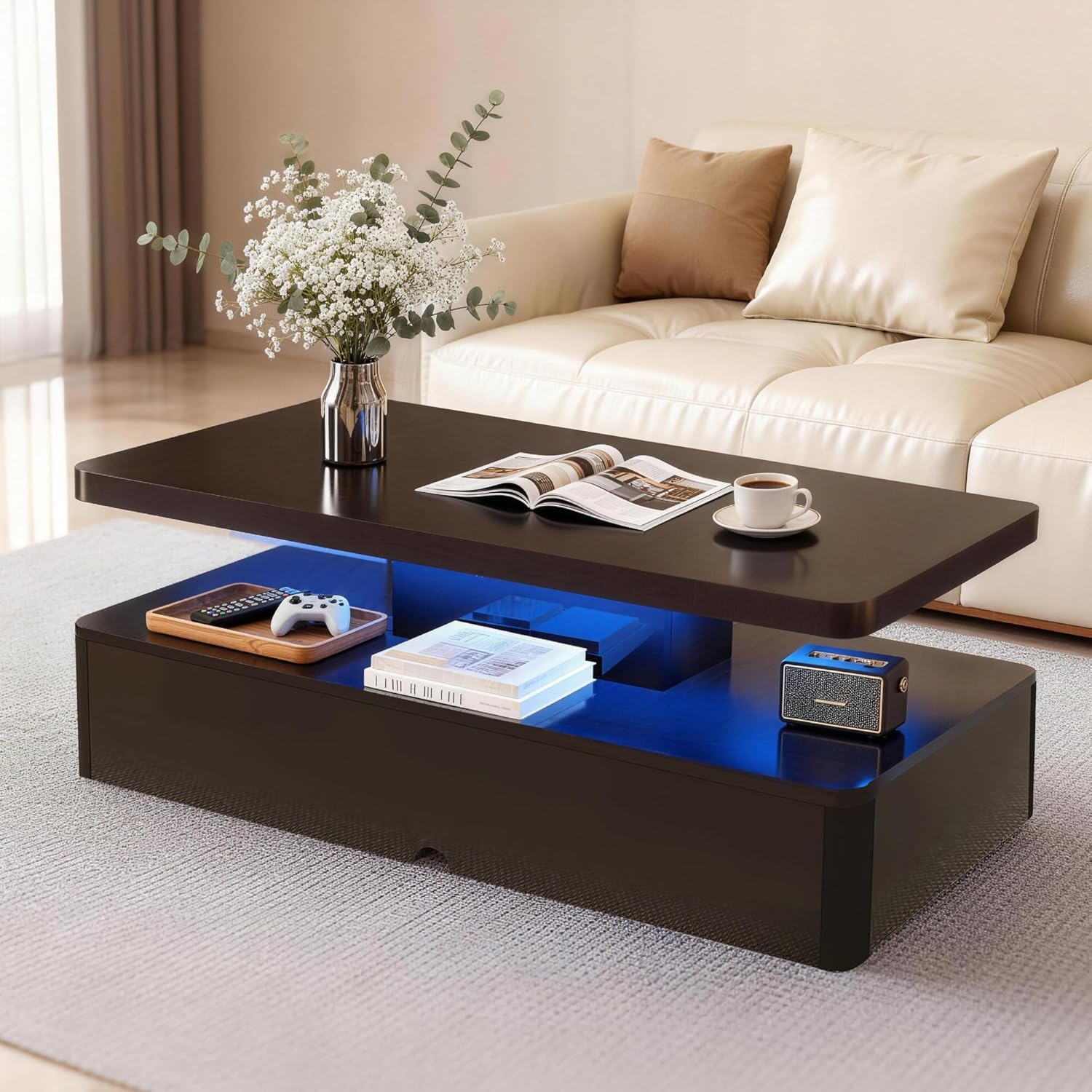 40" Modern Coffee Table with 16 Colors LED Lights, 2 Tier Rectangular Center Table with Large Storage Space, Stylish High Glossy Wooden Tea Tables for Living Room, Bedroom, Home Office, Black