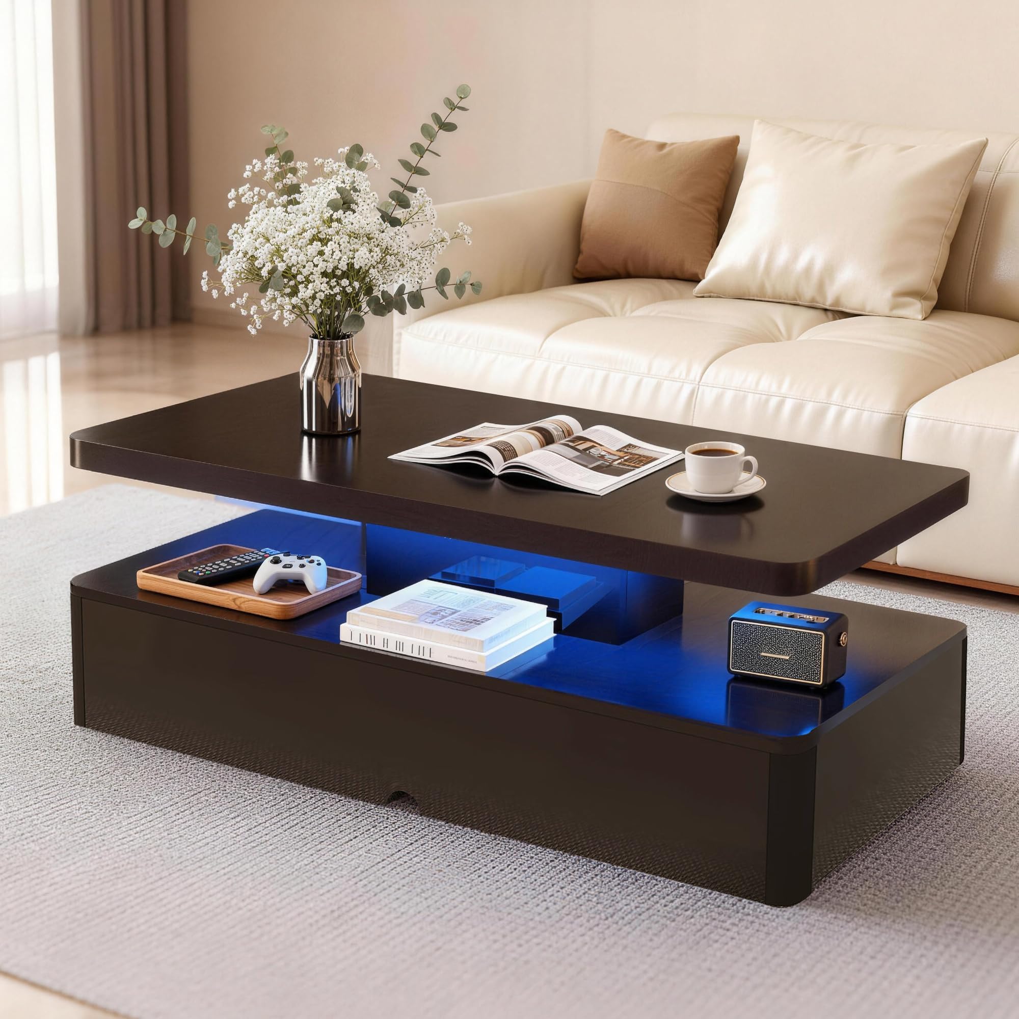 Photo 1 of ***DAMAGED -SELLING AS PARTS ONLY*** OneBlis 40" Modern Coffee Table, 2 Tier Rectangular Center Table with 16 Colors LED Lights, Stylish High Glossy Wooden Tea Tables with Large Storage Space for Living Room, Bedroom, Home Office, Black