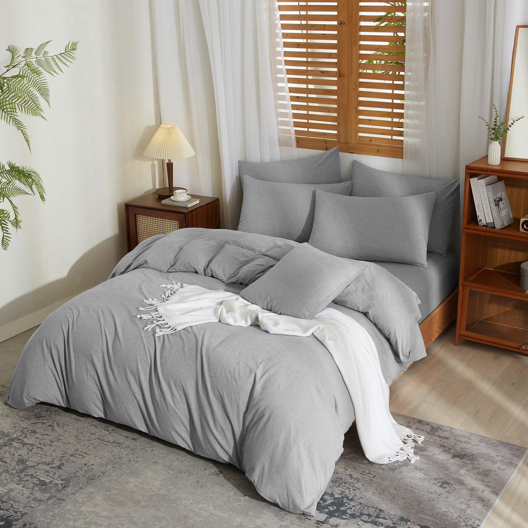 Funda nórdica de 240 x 260 cm, color gris claro, suave, transpirable, suave, mezcla de algodón, lino, ropa de cama para 2 personas con cremallera y fundas de almohada de 65 x 65 cm