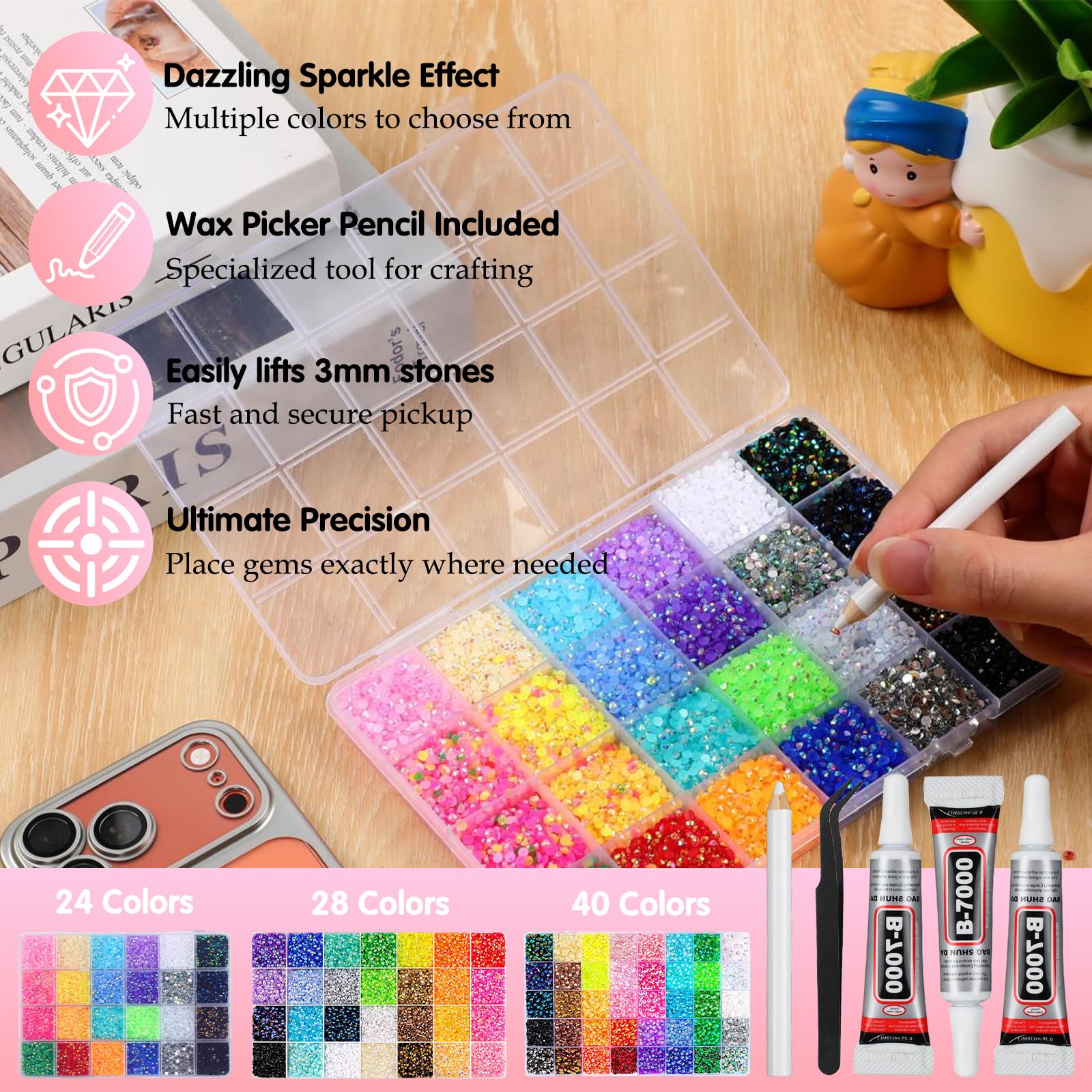 Multicolor High-Gloss Resin Flatback Rhinestones (3mm) with 3Pcs B7000 Jewelry Glue - DIY Bedazzling Kit for Diamond Art, Nail Art & Crafts (0): 24000