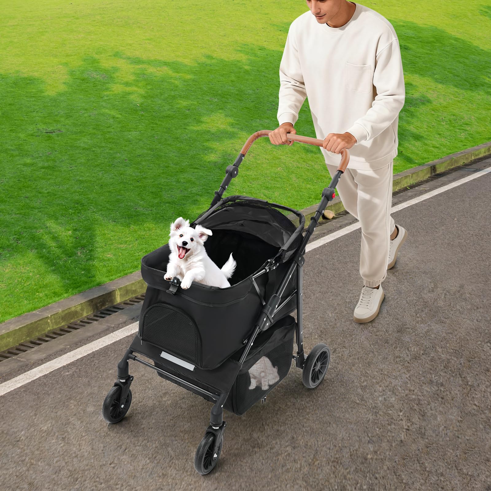 Passeggino pieghevole per cani fino a 15 kg, passeggino per animali domestici con finestre in rete e freno, passeggino pieghevole per cani di taglia piccola e media