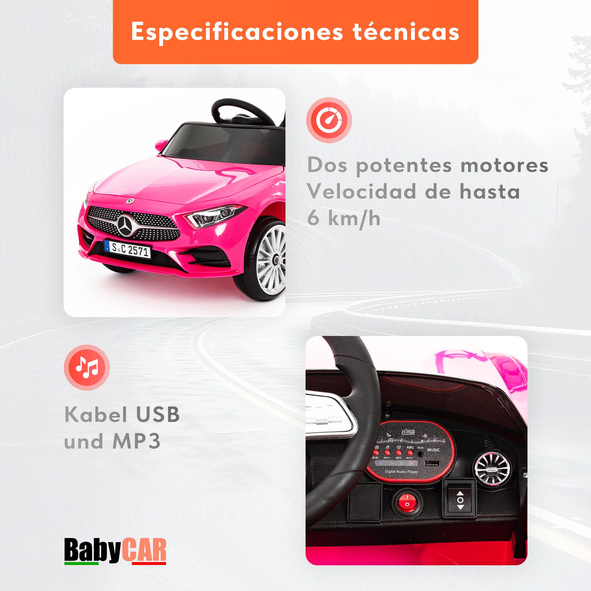BabyCar Mercedes CLS 350 AMG | Coche Electrico para Niños 12V con 2 Motores 25W | Carro Electrico Infantil con Mando Parental, Asiento de Piel, Puertas Abatibles, MP3/USB | Mercedes Oficial | Rosa