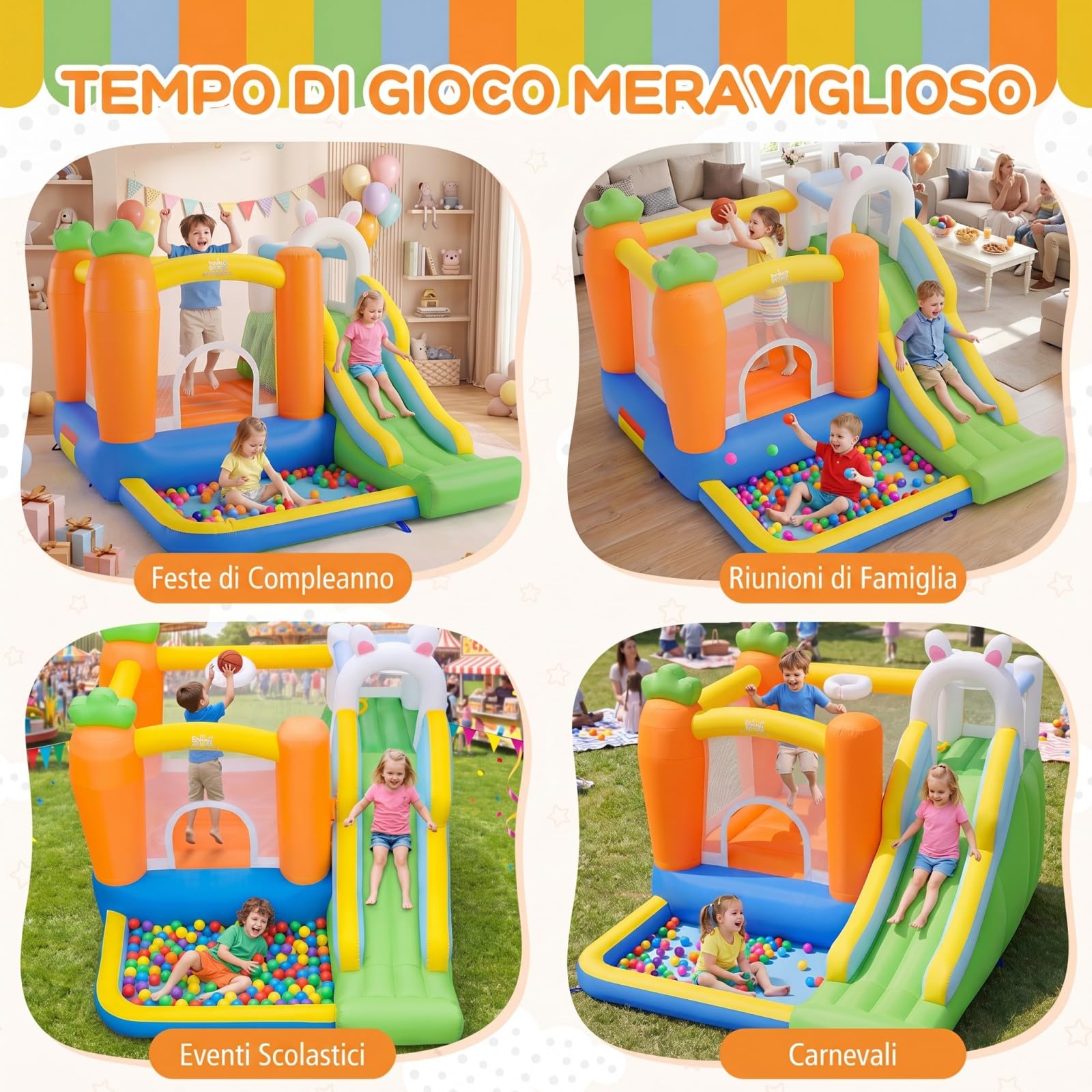 COSTWAY Castello Gonfiabile per Bambini, Casa Gonfiabile per Interno ed Esterno con Trampolino, Scivolo, Piscina con 50 Palline, Parete da Arrampicata e Canestro, per 3-12 Anni (Senza Soffiatore)