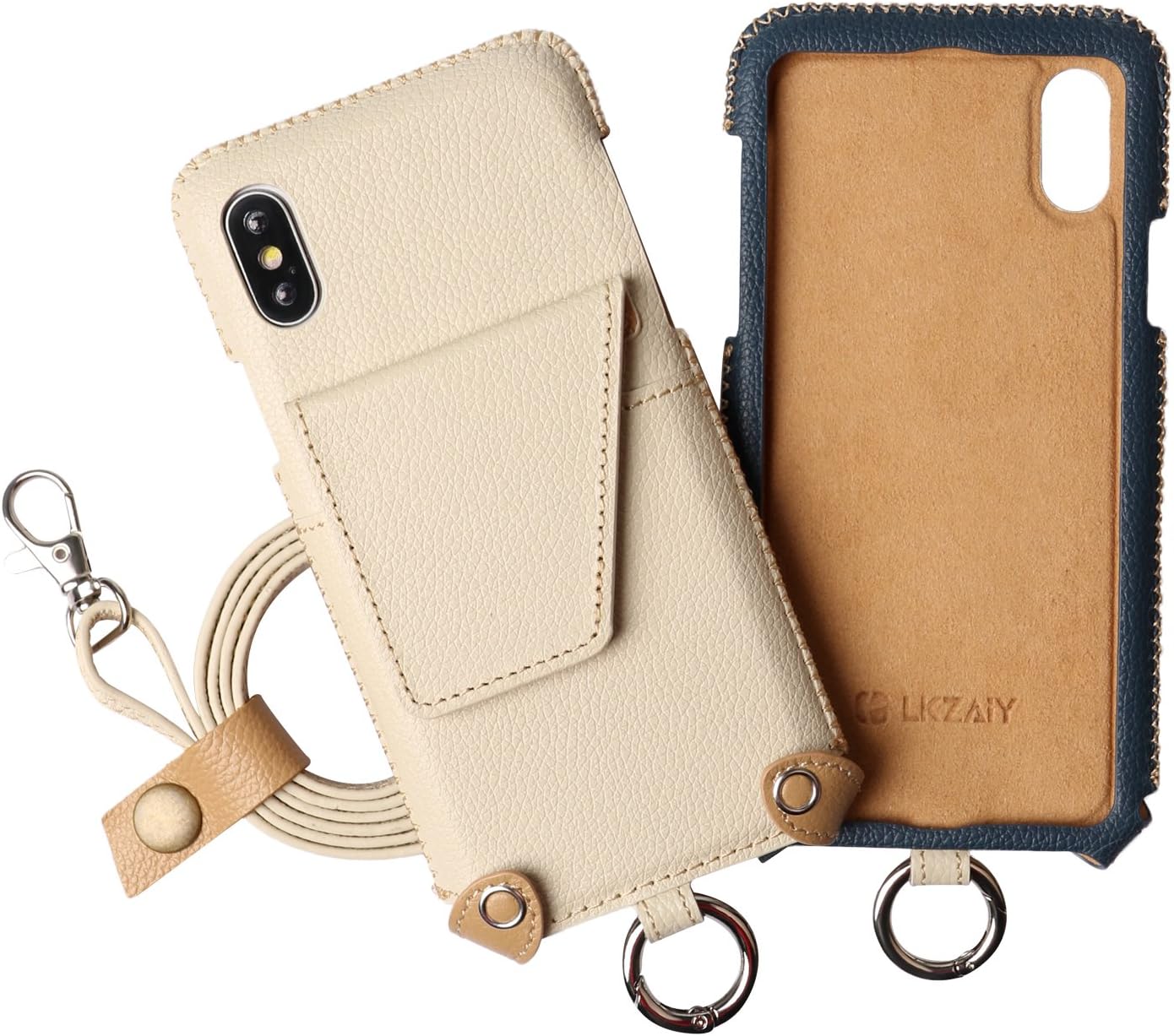 iPhone X Leather Case Necklace Lanyard Case with IC Card Holder Slot and Kickstand Phone Protective Case Cover Detachable Strap Wallet Case for Anti-Lost and Outdoors (Navy Blue)