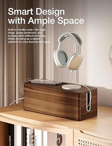 Miniatura 4 de Caja de gestión de cables grande de madera de acacia con borde redondo, caja de regleta de madera de 16 pulgadas de largo, caja protectora de