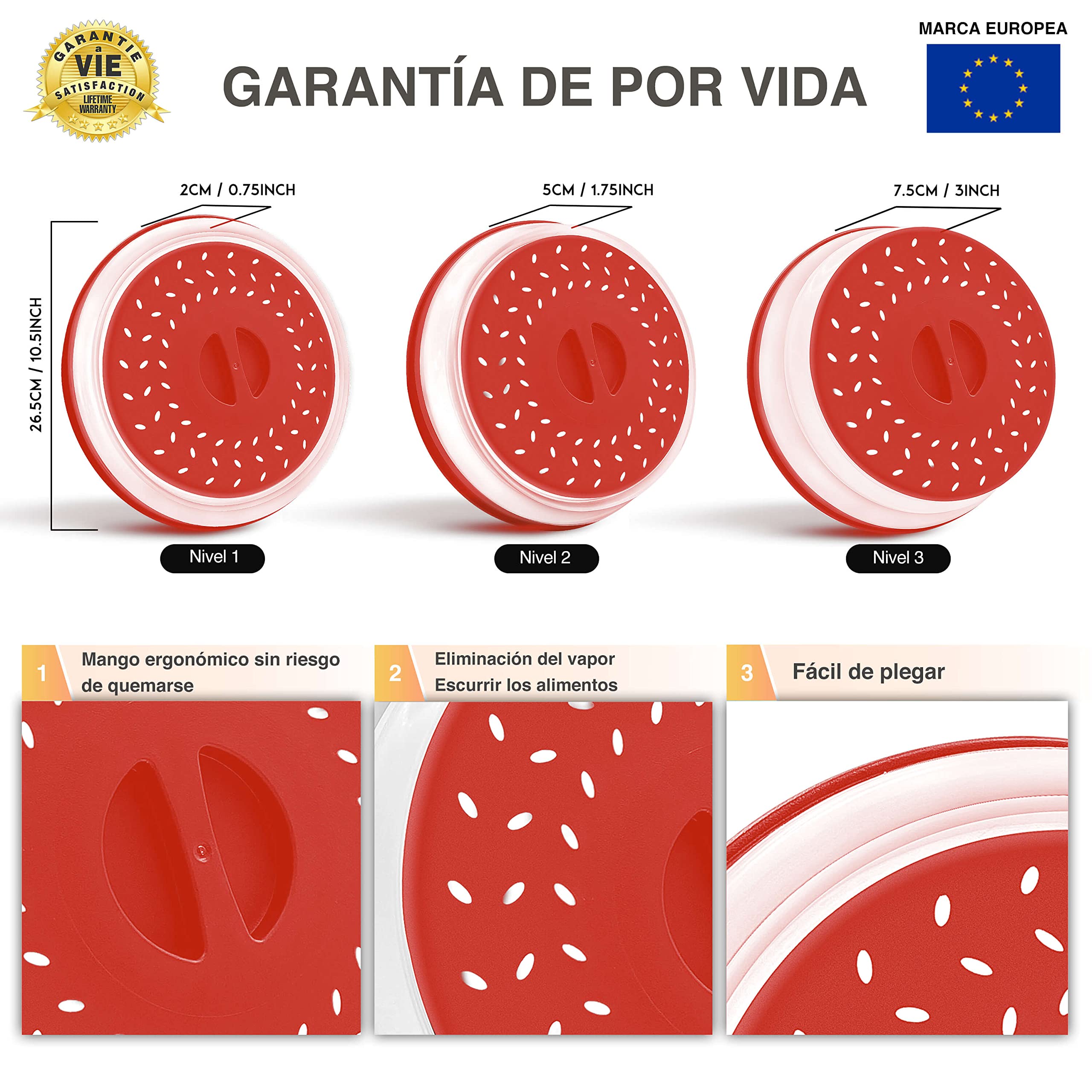 Tapa de Microondas Plegable |26CM|✮GARANTÍA POR VIDA✮- Tapa de Silicona Retráctil y Escurridor de Vapor para Platos y Cuencos - Colador de Alimentos para Lavar Verduras y Frutas - Rojo