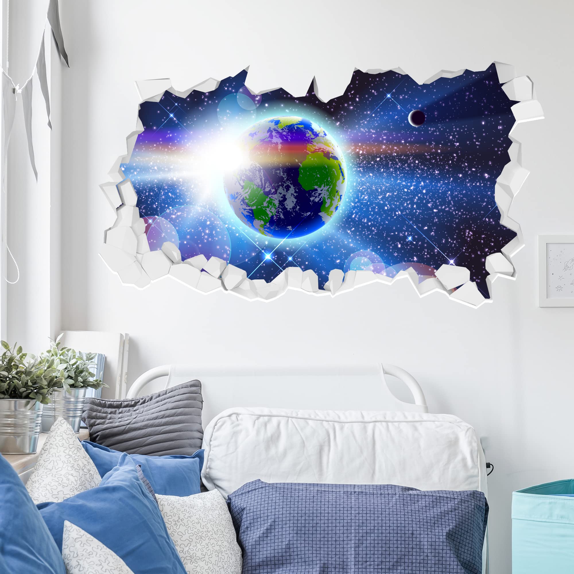 Space Wall Sticker - Earth in Space Broken Wall Decal Art (60cm Width x 35cm Height)