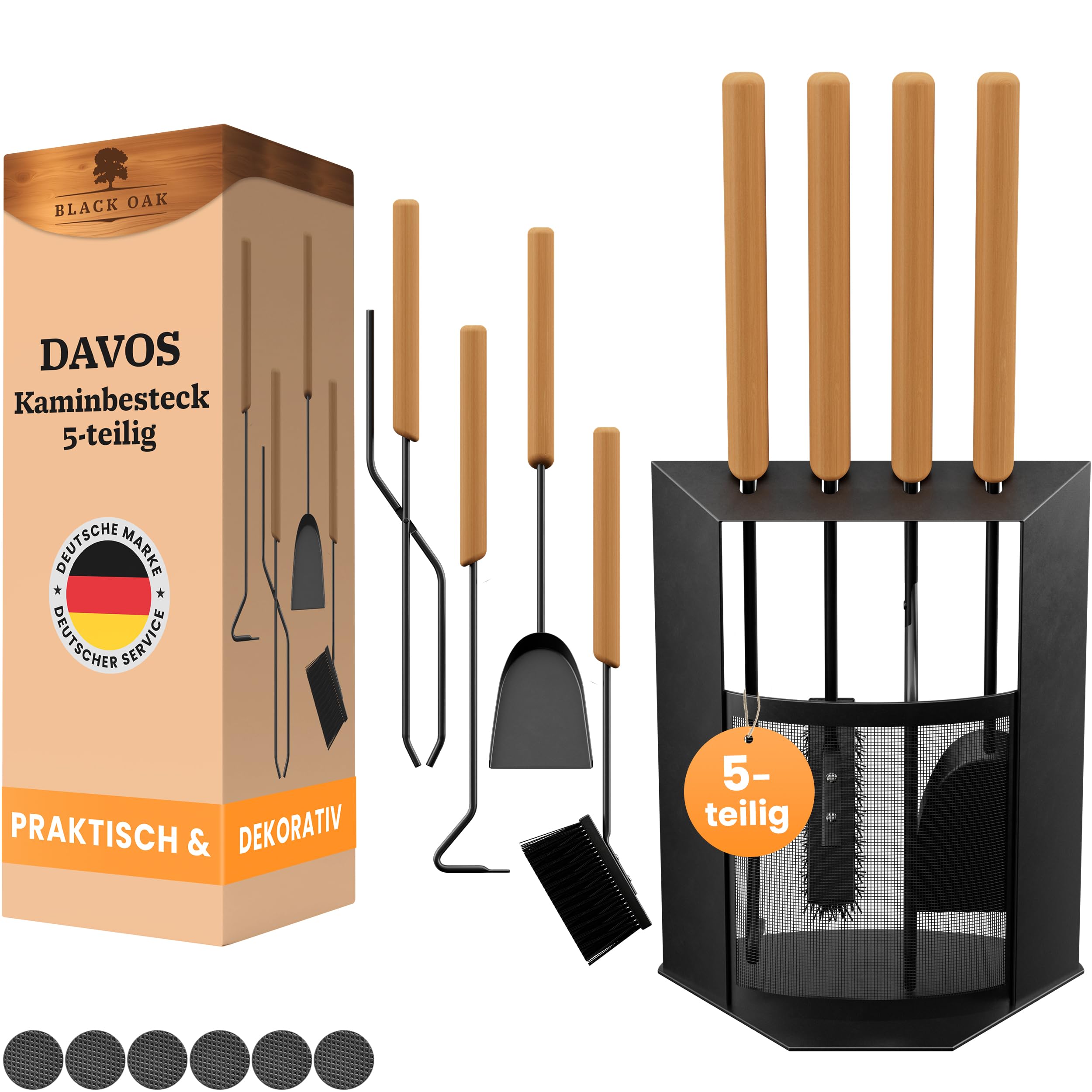 BLACK OAK Kaminbesteck DAVOS 5-teilig - edles & dekoratives Ofenbesteck Set schwarz mit Holzgriff 5 teilig Ständer + Kaminzange Schürhaken Ascheschaufel Kaminbesen Stahl Kaminzubehör Besteck für Ofen