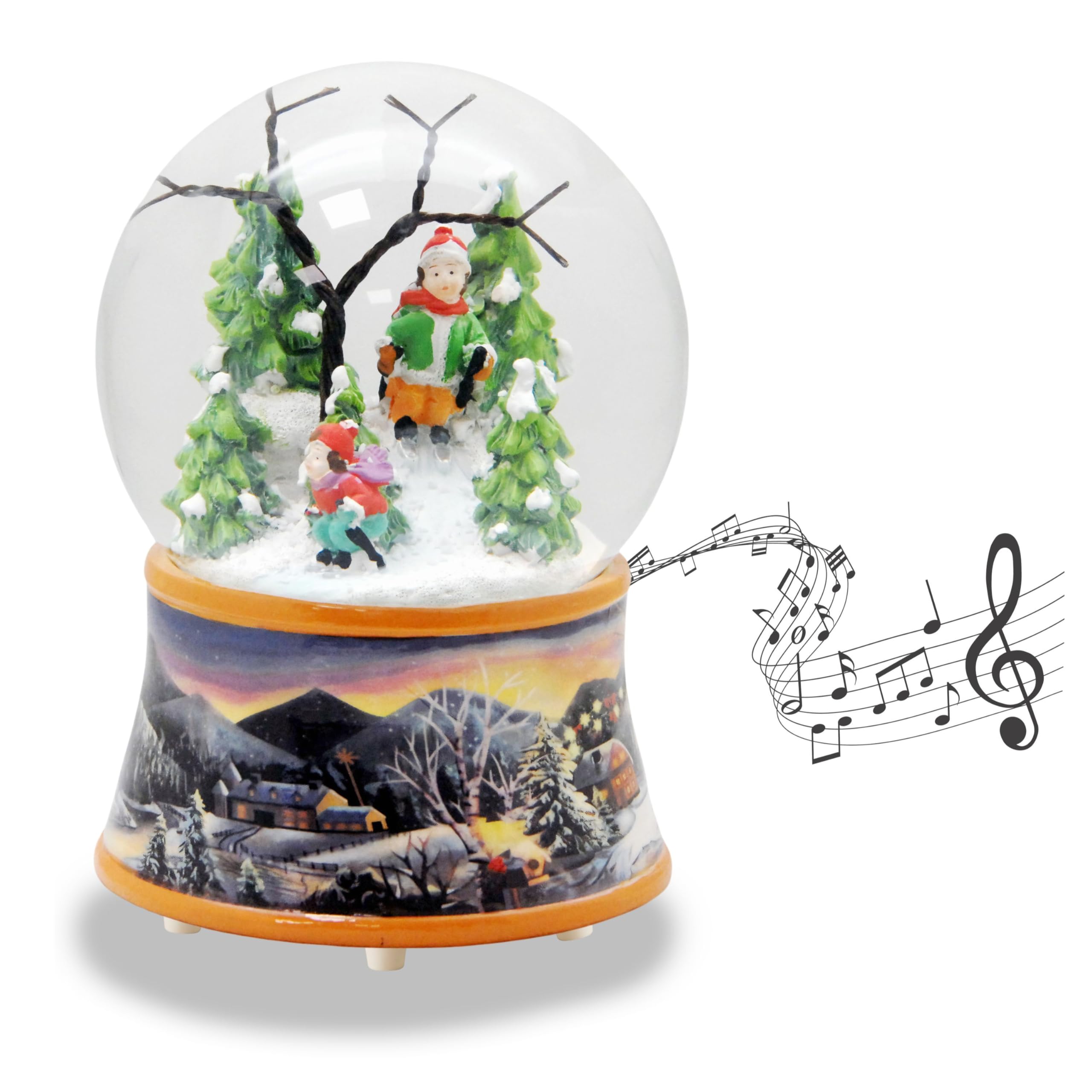 Schneekugel Weihnachten mit Musik | Nostalgische Skifahrer | Sockel Winterlandschaft Ocker| H: 14cm B: 10 cm | Schüttelkugel Wintersport Winter mit Spieluhr | 20275