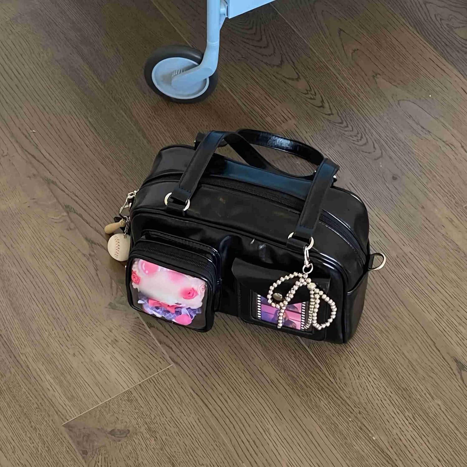 ita black japanese shoulder bag, pin display kawaii y2k crossbody bag for women, cute anime going out purse with multi pockets