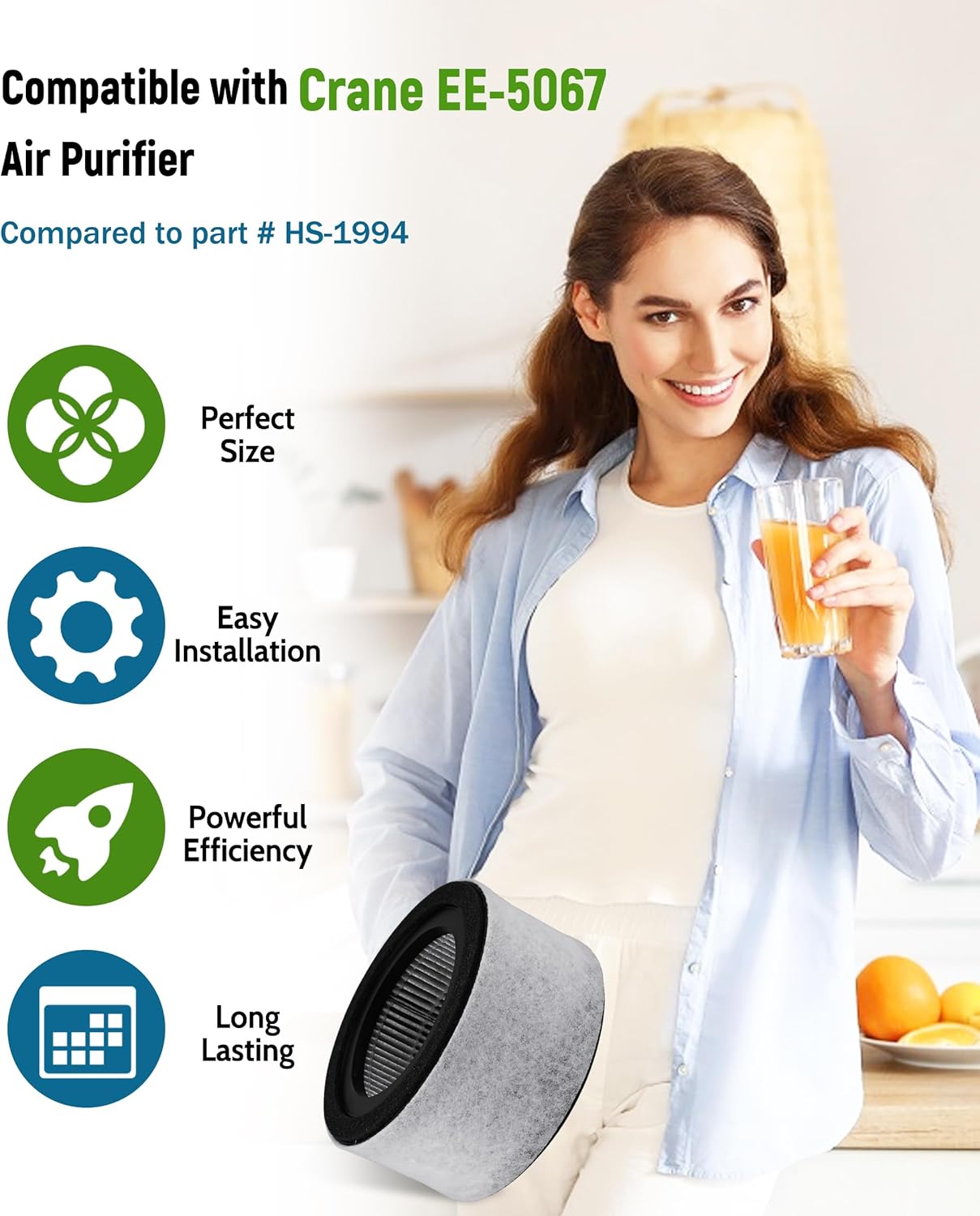 5067 Replacement Filter Compatible with Crane EE-5067 Air Purifier, Including 2 True HEPA Carbon Filter and 4 Pre-Filters, Compare to Part # HS-1944, 2-Pack