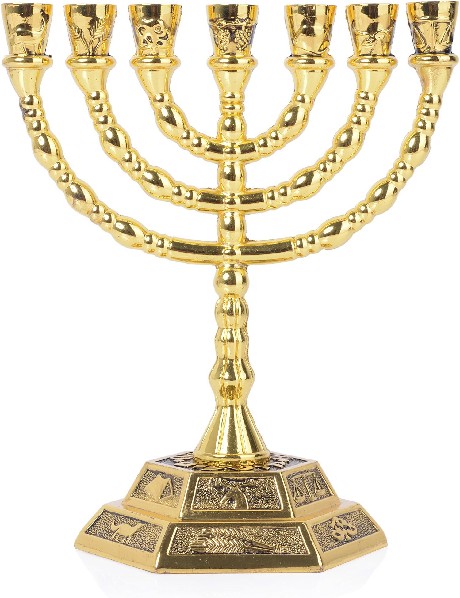 BRTAGG 12 Tribes of Israel Menorah, Jerusalem Temple 7 Branch Jewish Candle Holder (5 Inches, Gold)