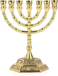 BRTAGG Menorah 7 velas, 12 tribos de Israel menorá, castiçal judaico do templo de Jerusalém (13cm de altura, ouro)