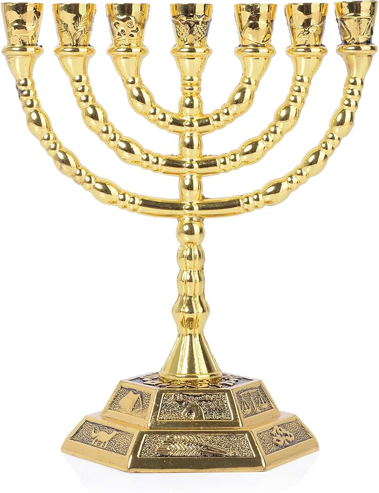 BRTAGG Menorah 7 velas, 12 tribos de Israel menorá, castiçal judaico do templo de Jerusalém (13cm de altura, ouro)