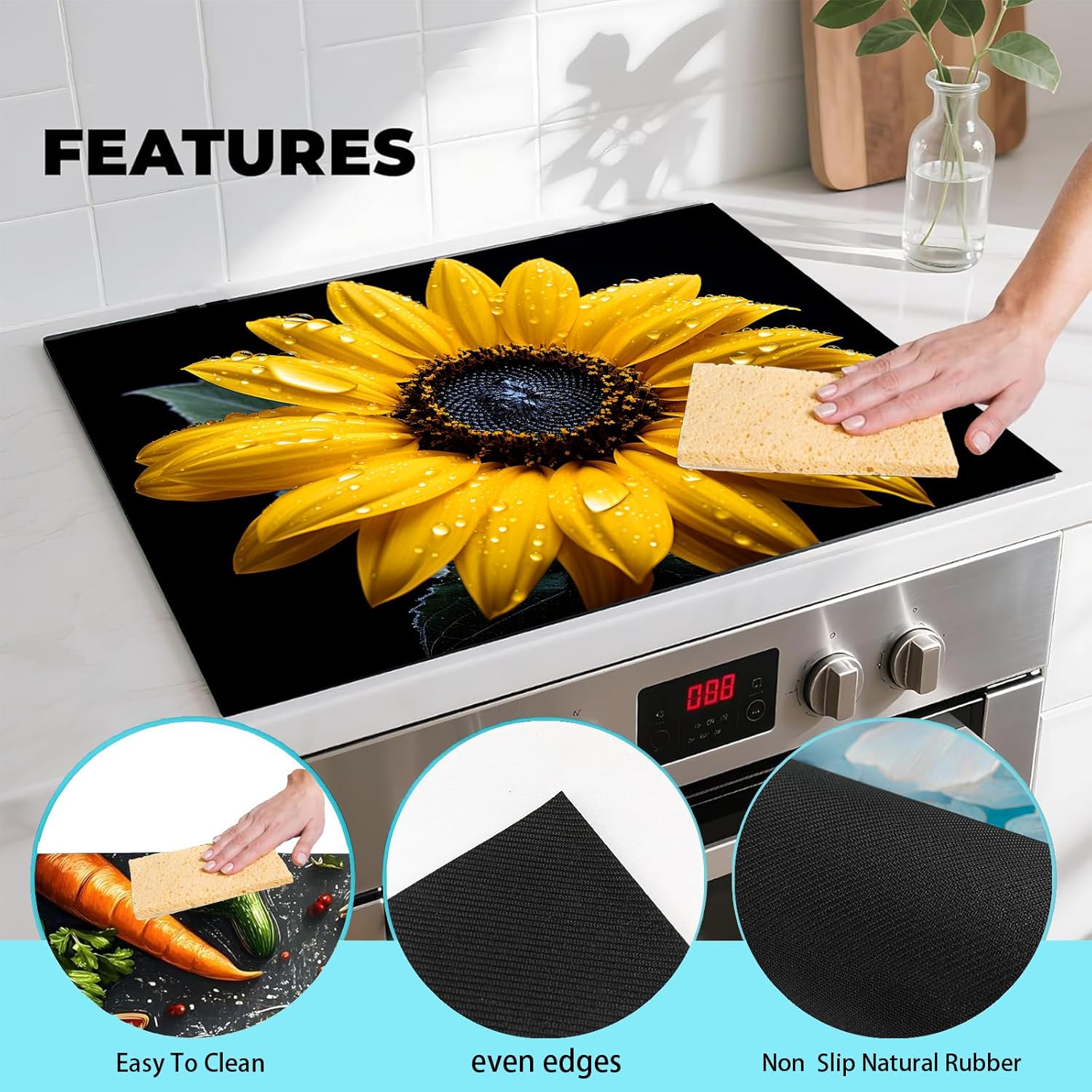 Diatomite Stove Top Cover Mat, 28 x 20 inches, Glass Flat Top Protection Pad, Water Absorbent Kitchen Mat for Coffee Maker (sunflower)