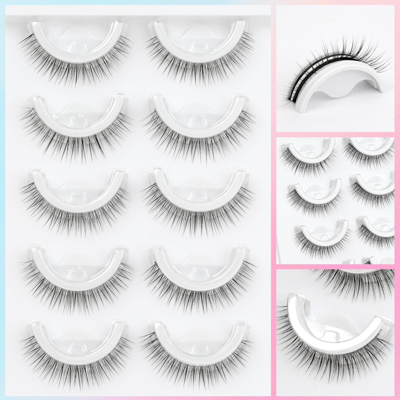 Self Adhesive Eyelashes No Glue Eyelashes False Lashes Glueless 10mm Natural Short Pre-glued Press on Lashes No Glue Needed Wispy Strip Lashes with Applicator by EMEDA(10mm L08 Black Adhesive)