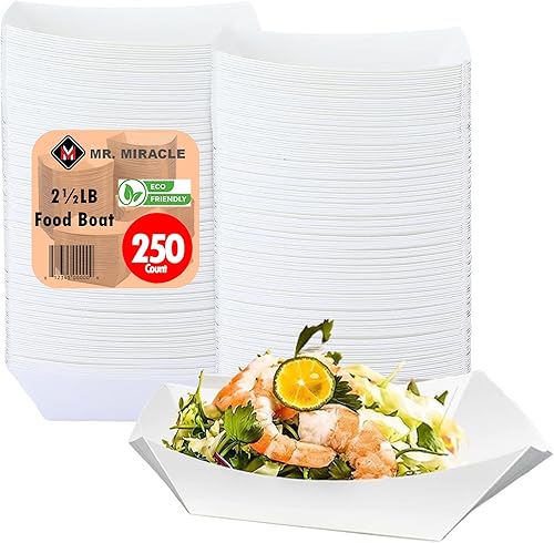 Mr Miracle Bandeja de alimentos de papel blanco. 2.5 libras (paquete de 250). Desechable, reciclable y totalmente biodegradable. Botes de comida de