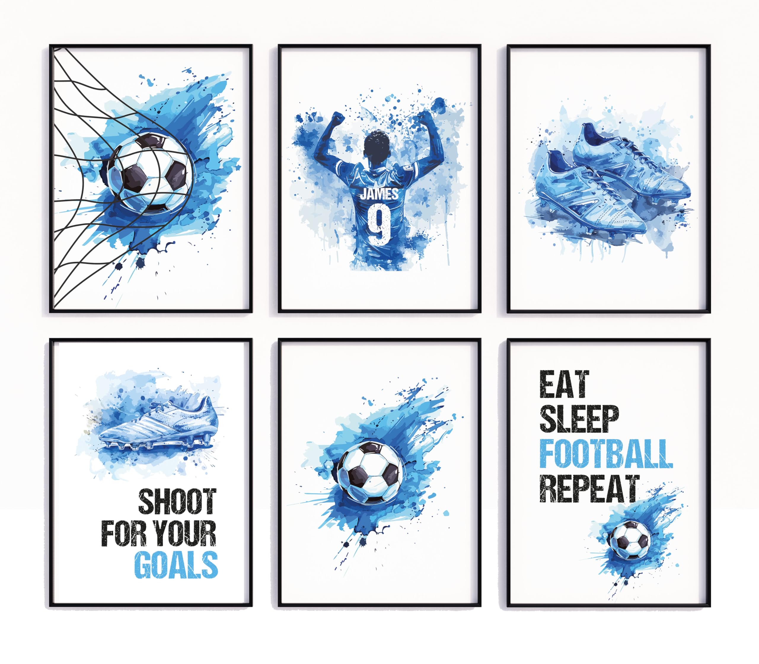 Personalised Football Wall Art Print Set of 6 - Boys Football Gifts - Blue Football Posters for Boys Bedrooms - Football Posters Football Room Decor (6 A3 Prints (no frames))