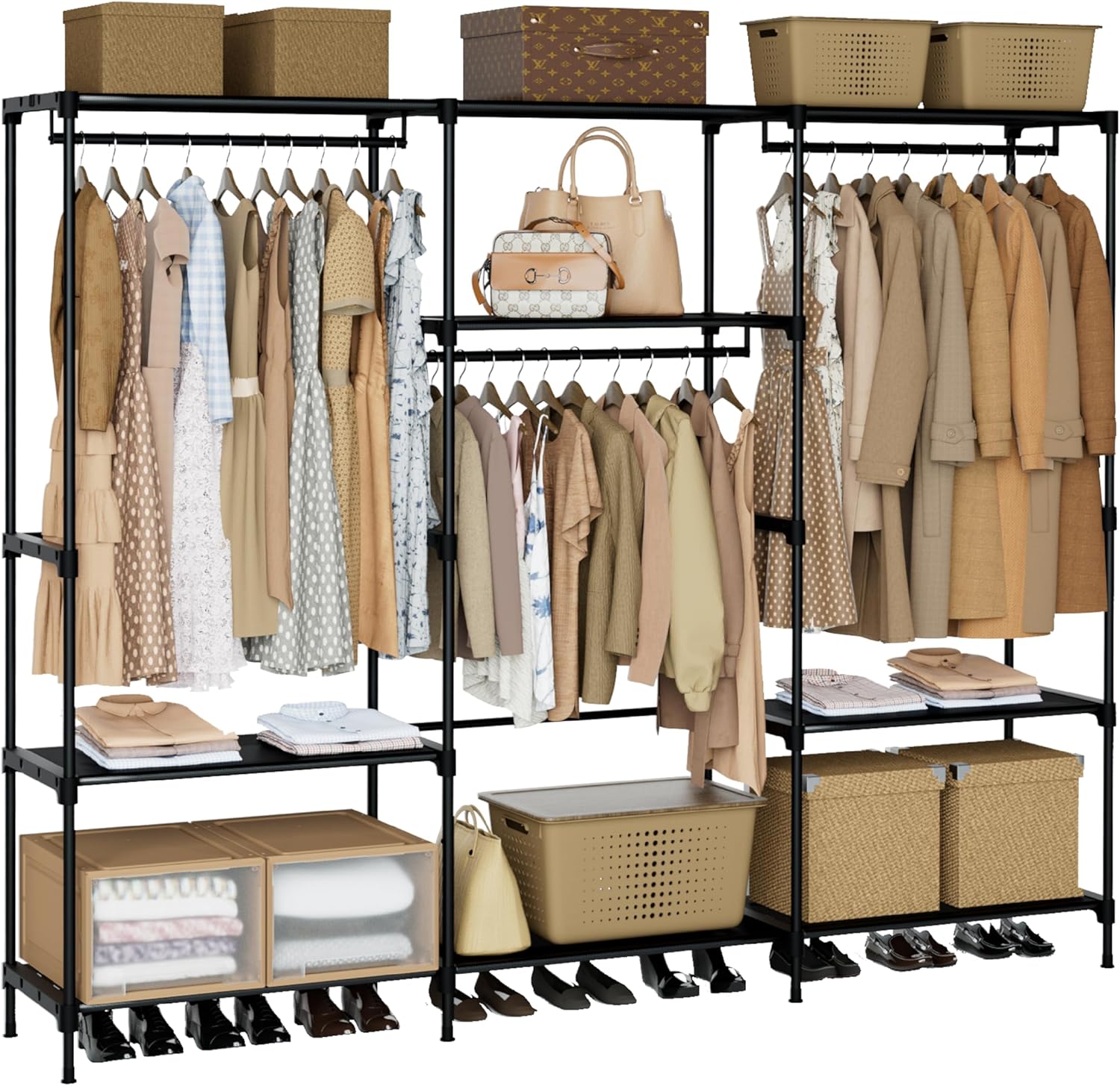 Clothes Rack, Portable Closet, 81.1 Inch Large Capacity Wardrobe Closet, Clothes Storage Organizer with Shelves and 3 Hanging Rods, Easy to Assembly, Black PCT033B01 81.1"L x 16.9"W x 77.6"H