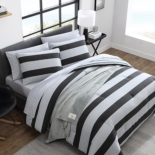 Miniatura 4 de Nautica - Juego de edredón tamaño Queen, juego de ropa de cama reversible de algodón, decoración del hogar de diseño para todas las estaciones (gris