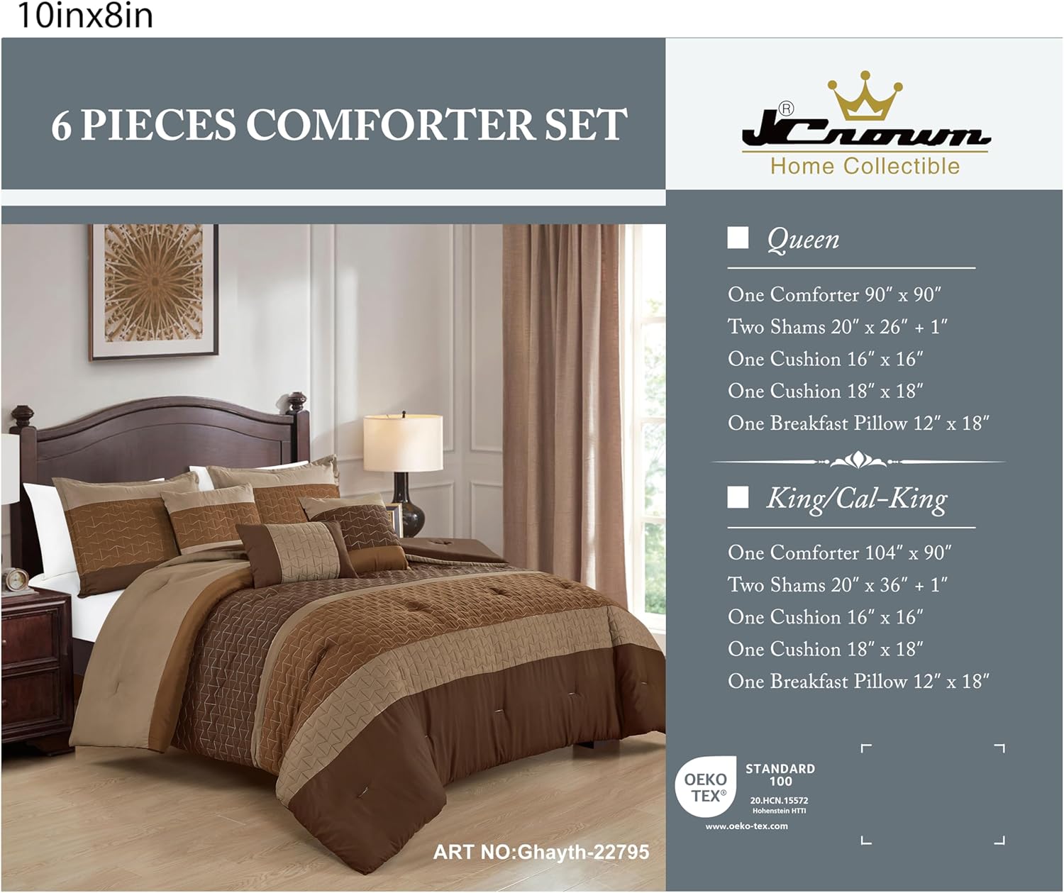JCrown 6-Piece Comforter Set - Geometric Embroidered Pattern, Warm Brown & Taupe Color Block Design - Soft Microfiber All Season Bed Set (Ghayth, Queen)