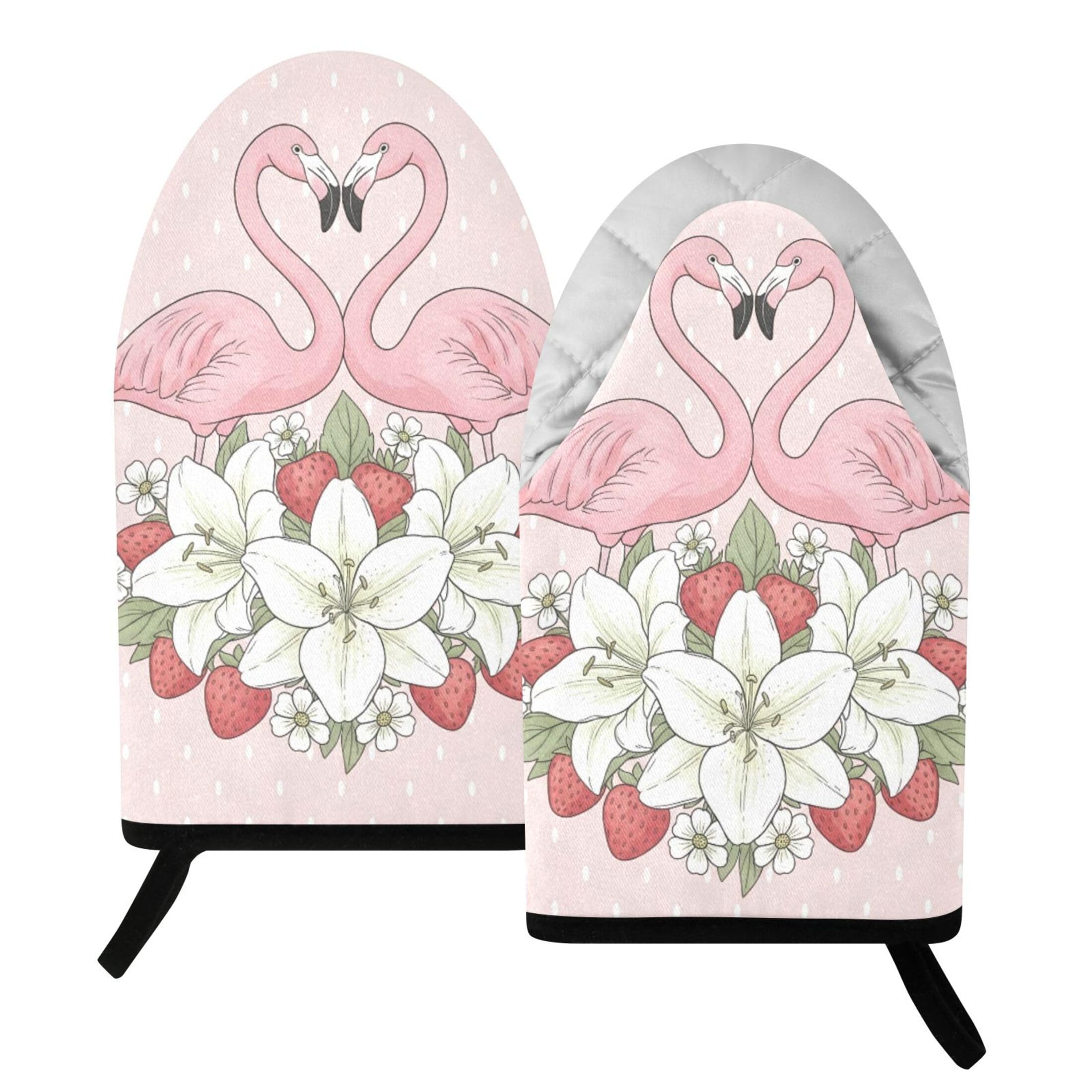 Fuauuyl Oven Mitts Heat Resistant Kitchen Gloves, Flamingoes Classic Oven Gloves with Hanging Loop for Baking BBQ Cooking Grilling, 1 Pair, 9.5 in