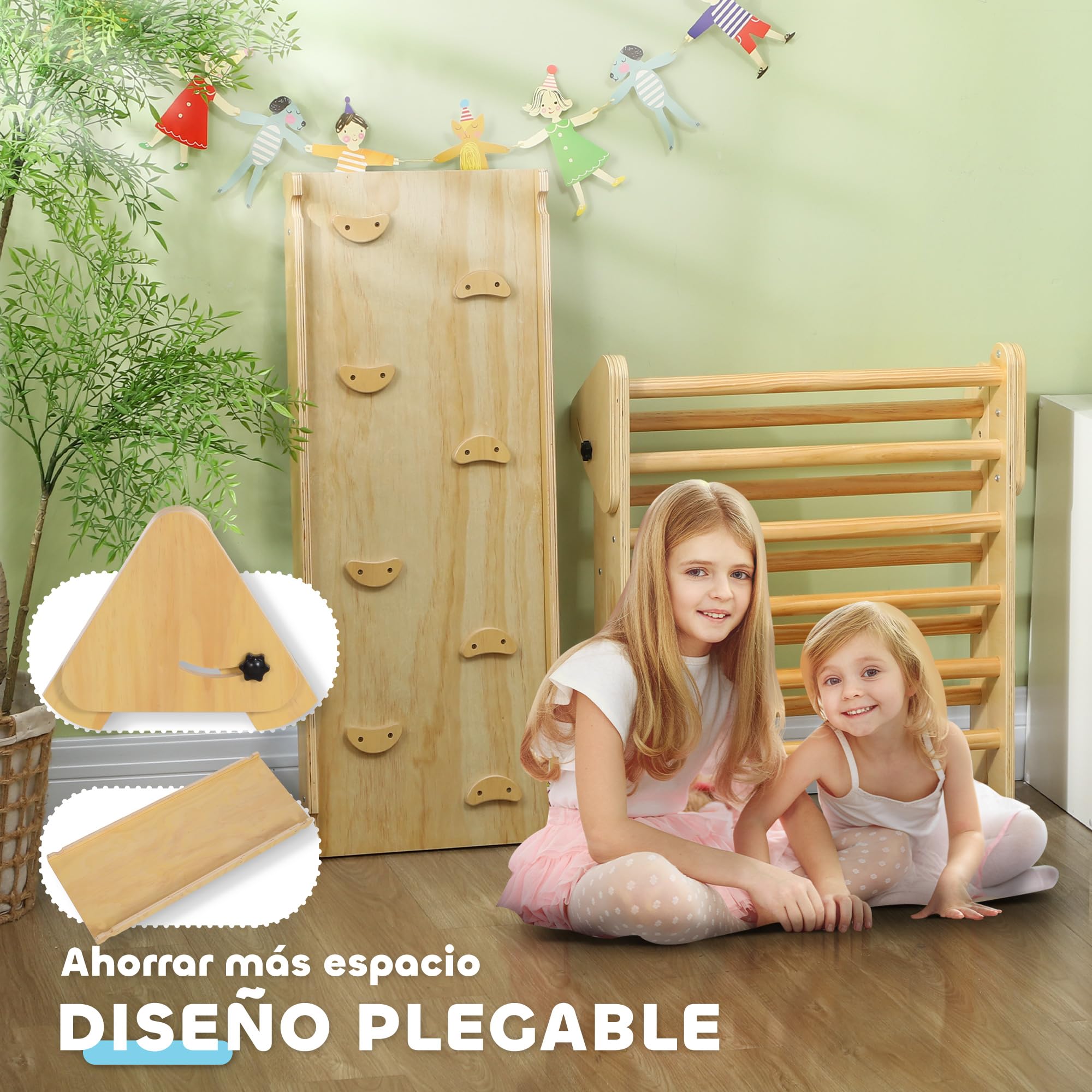 AIYAPLAY 3 en 1 Triángulo de Escalada Montessori, Escalada para Niños de Madera Plegable, para18-48 Meses, con Rampa, para Deslizarse o Escalar, 147x64,5 cm, Natural