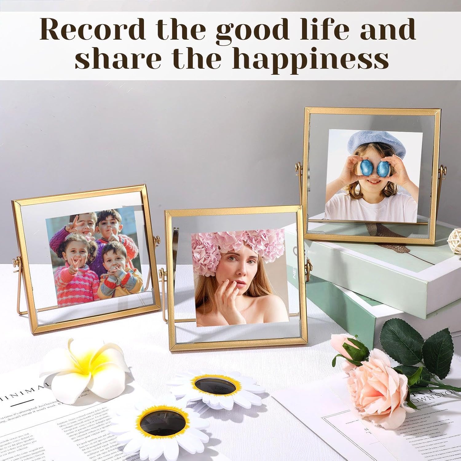 Hoteam 12 Pack 6 x 6 Inch Gold Floating Frame for Photo 4 x 4 Inch, Glass Floating Picture Frame Collection Vintage Metal Minimal Ornate Easel for Wedding Gift Pictures Photos Desk Tabletop Display