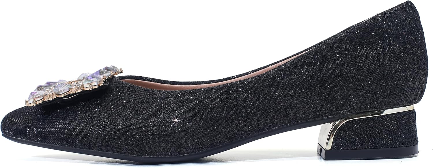 Women's Chunky Low Block Heels Rhinestone Pointed Toe Pumps Comfortable Slip on Work Dress Wedding Shoes Black Size 9.5 - Image 3