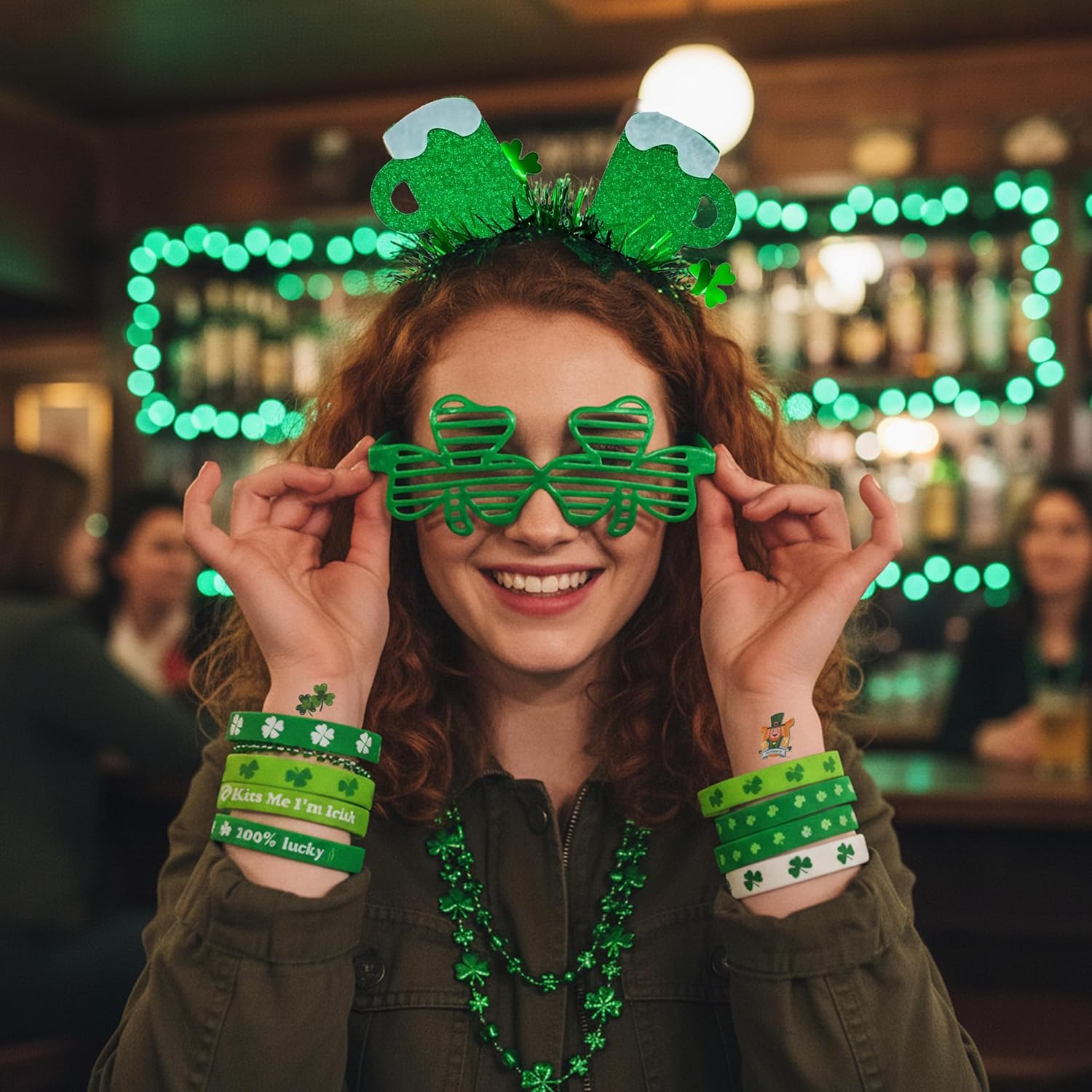 St. Patrick's Day Party Decorations Kit | 2026 New Edition with Shamrock Headbands,Beer Necklaces,Green Glasses,Bracelets,Lucky Duckies,Temporary Tattoos,Irish-Themed Coins