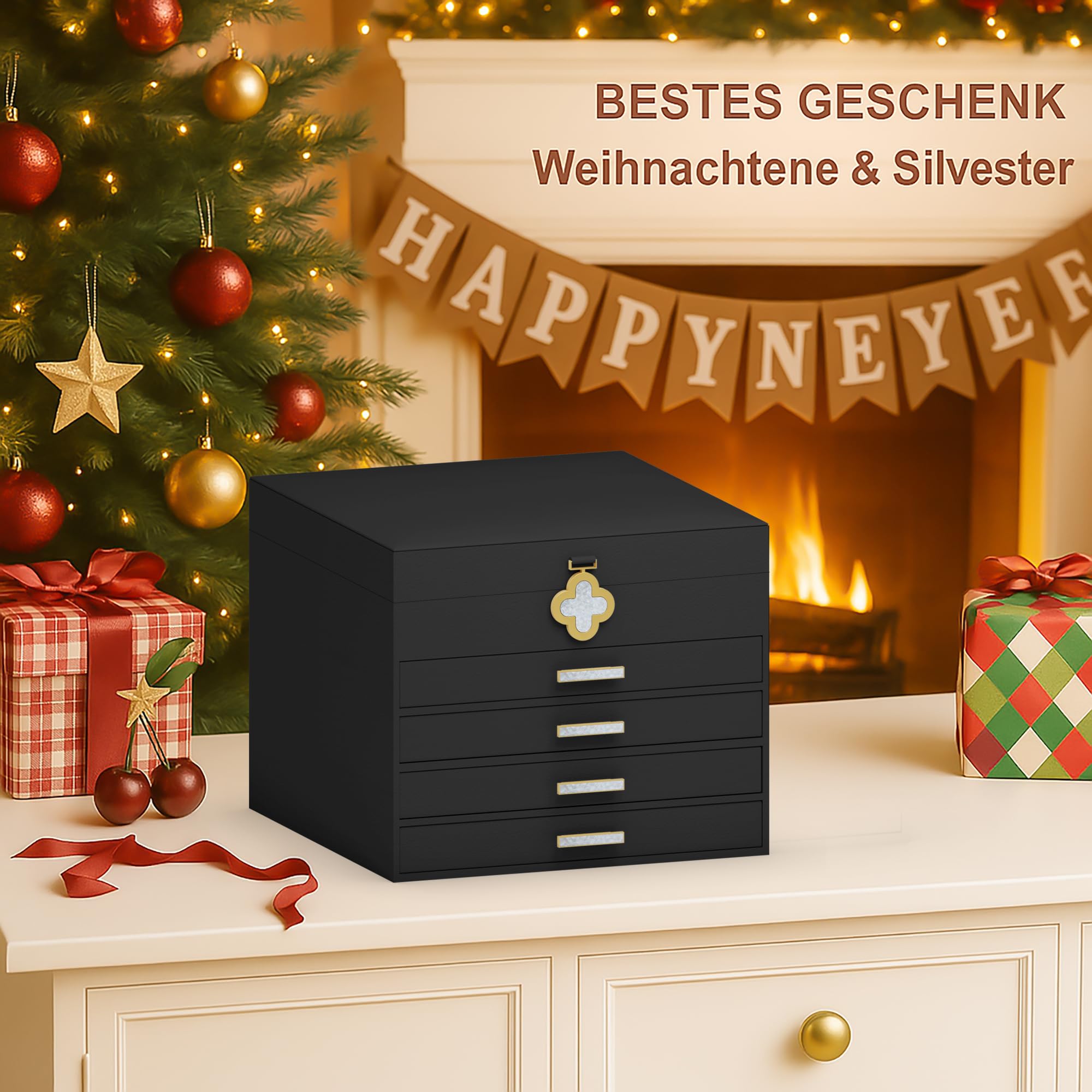 ADEL DREAM Portagioie a 5 ripiani con bottone a forma di quadrifoglio, con vassoio estraibile, con grande specchio, scomparti regolabili fai da te, per mamme e ragazze, colore nero