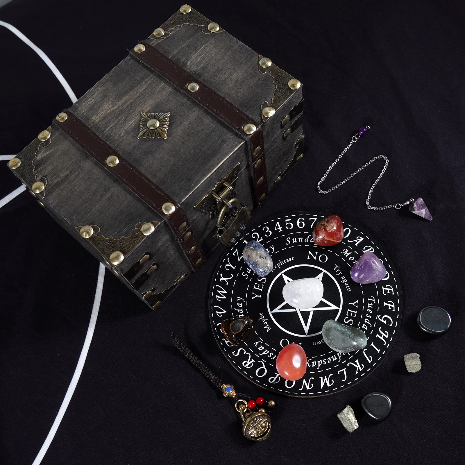 soulnioi 15pcs Healing Crystal Set including Wooden Box for Beginners: 7 Chakra Tumble Stones, Amethyst Pendulum, Hematite - Image 2
