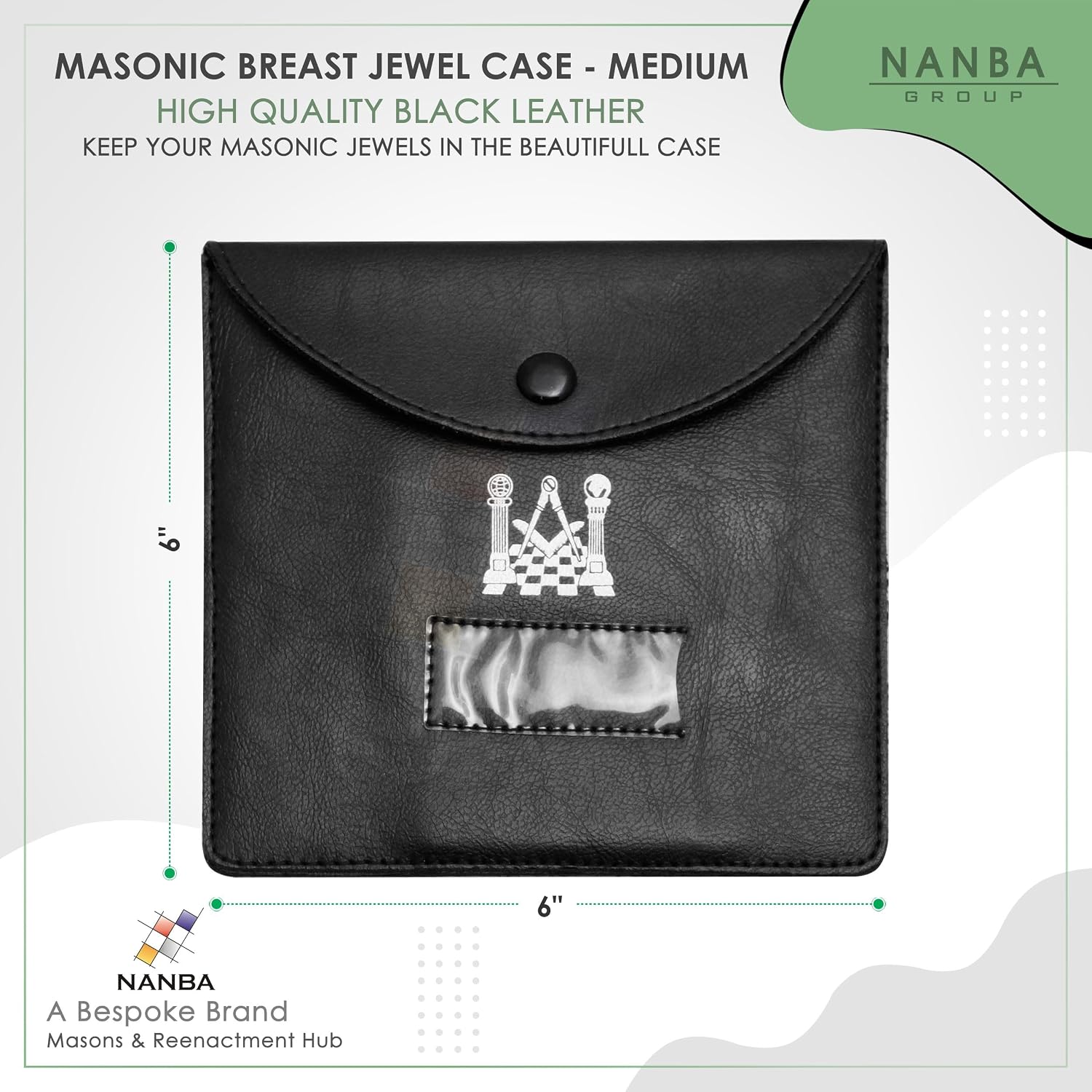 MASONS & REENACTMENT HUB Masonic Regalia Pocket Jewel Holder Case – Leather Carry Wallet with Soft Lining for Freemason Lodge Jewels, Pins & Badges - Square Compass & Pillers - Printed (Medium)