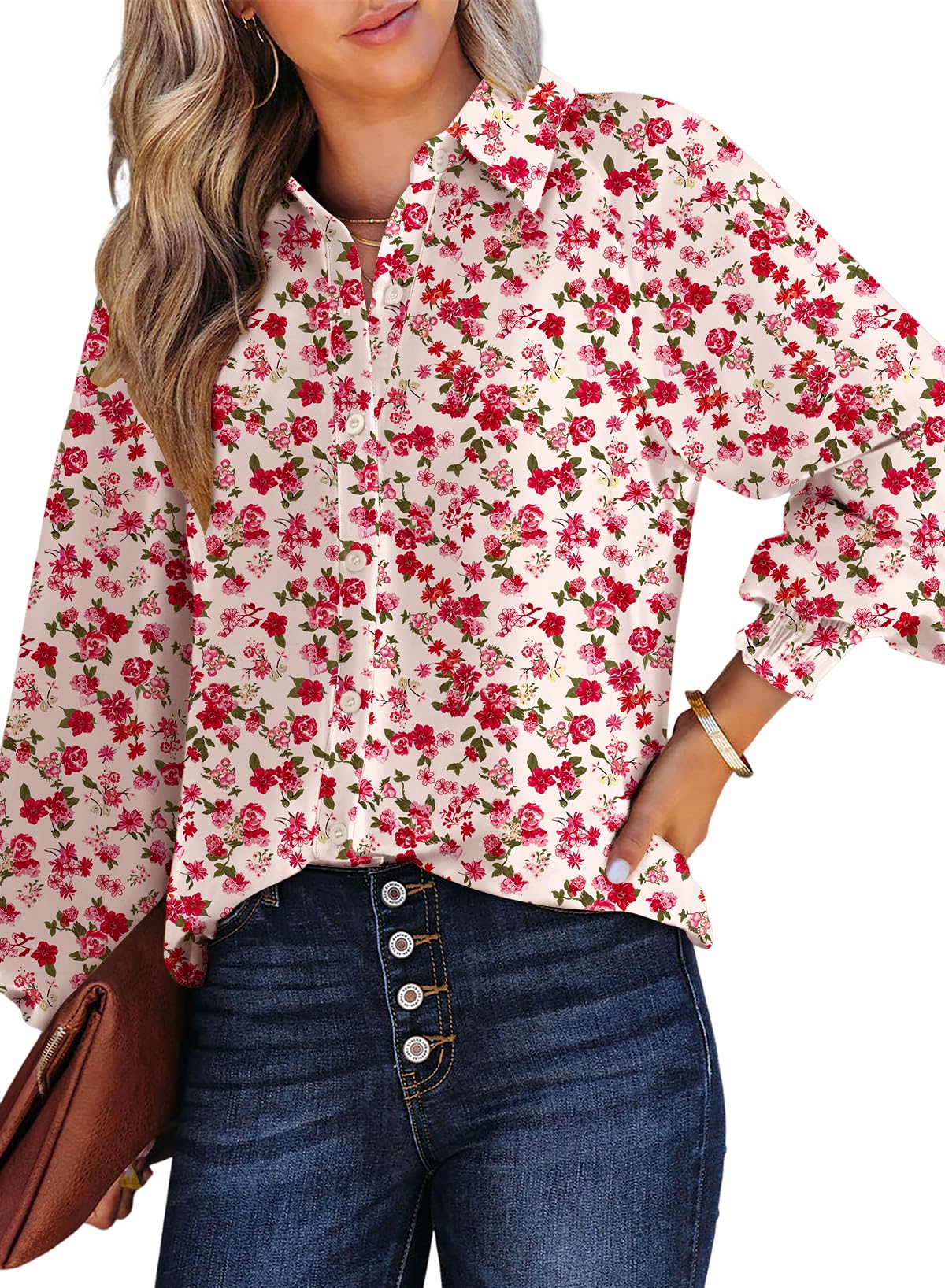 Dokotoo Women's Casual V Neck Allover Floral Print Long Sleeve Chiffon Button Down Blouses Bohemian Top Shirts