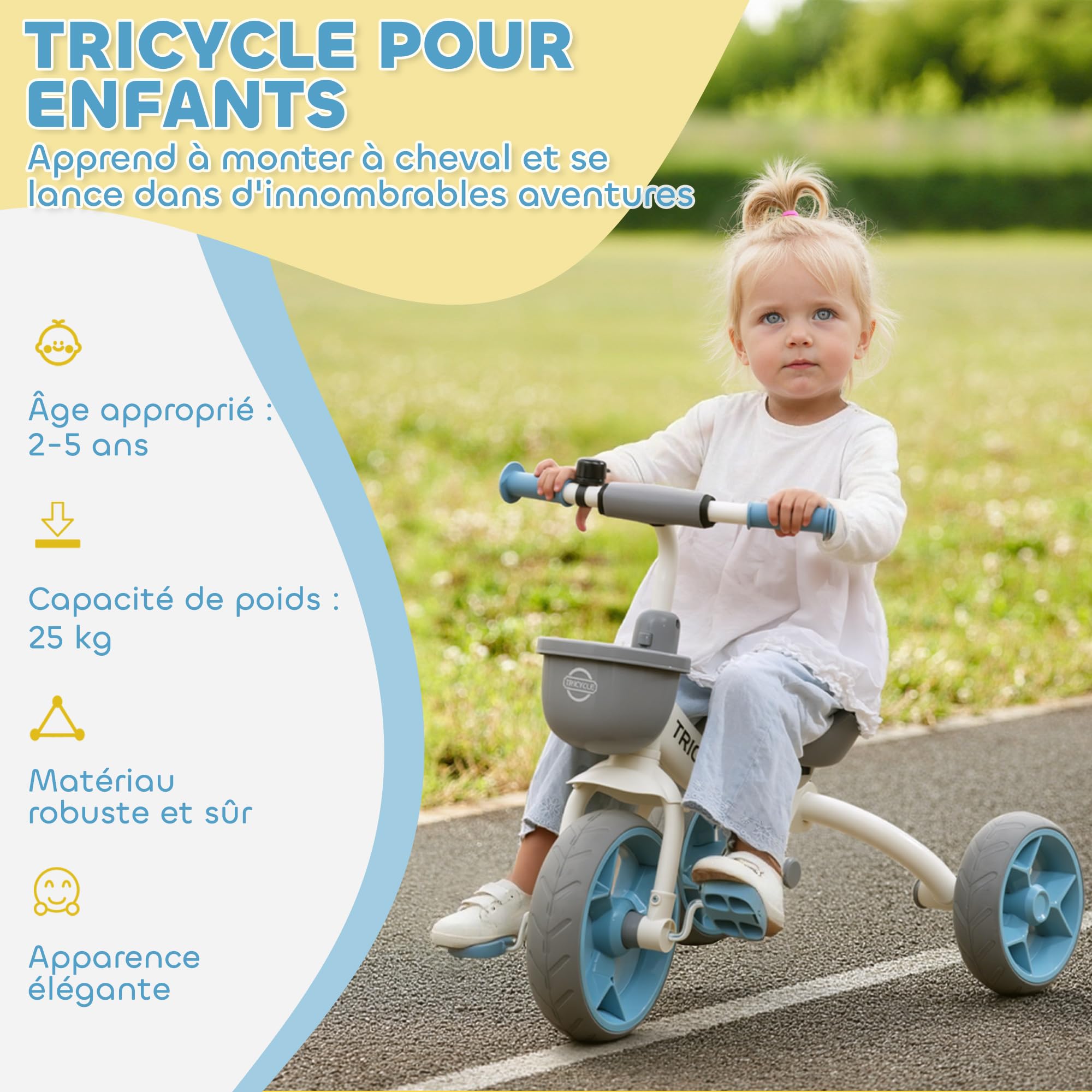 AIYAPLAY Tricycle Enfant Évolutif Panier Avant Roues EVA 2 à 5 Ans Bleu
