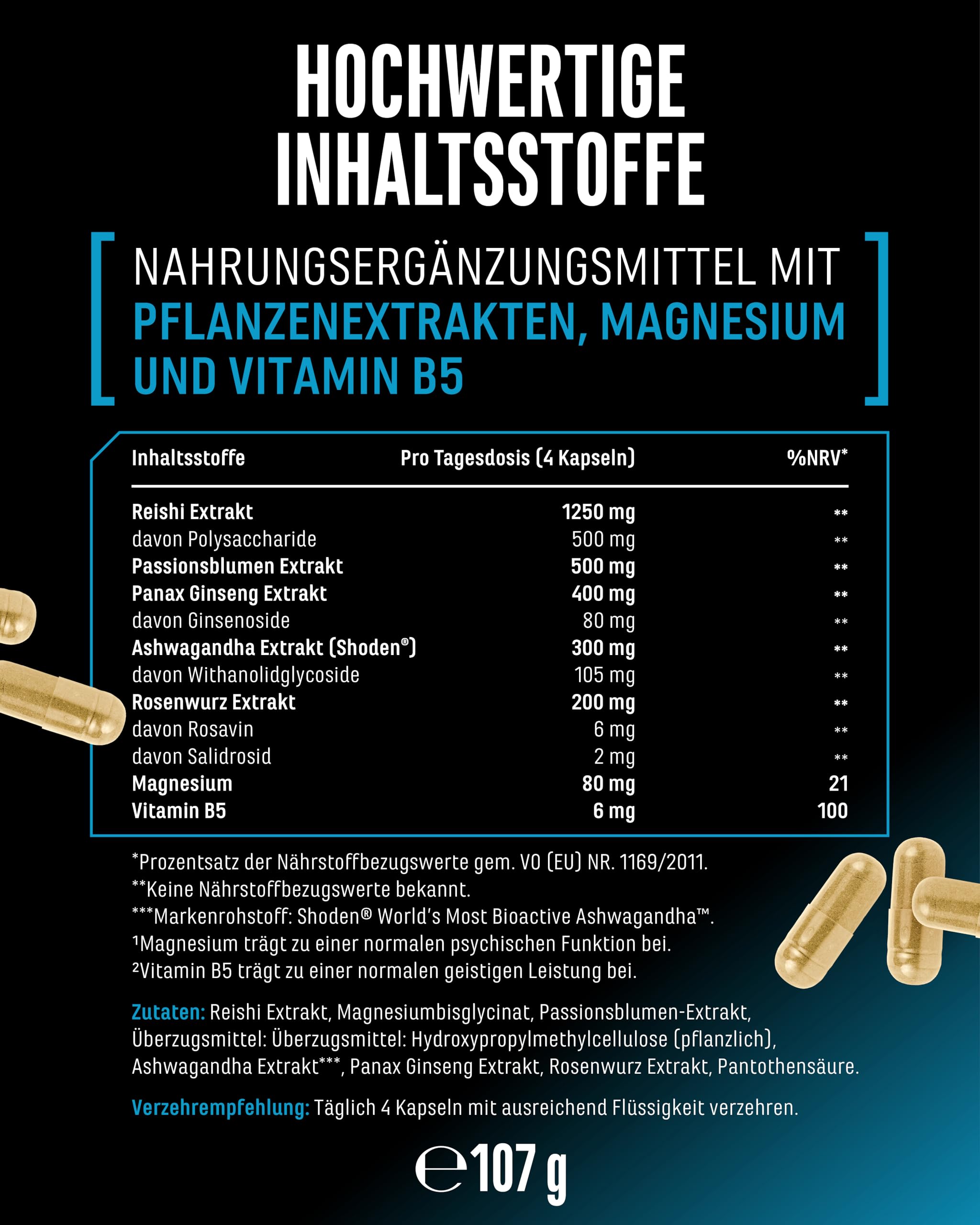 Adaptogene Komplex - Antistress & Relax Support mit Shoden® Ashwagandha, Reishi, Ginseng, Passionsblumen, Rosenwurz Extrakt - Magnesium - Vegan - 120 Kapseln
