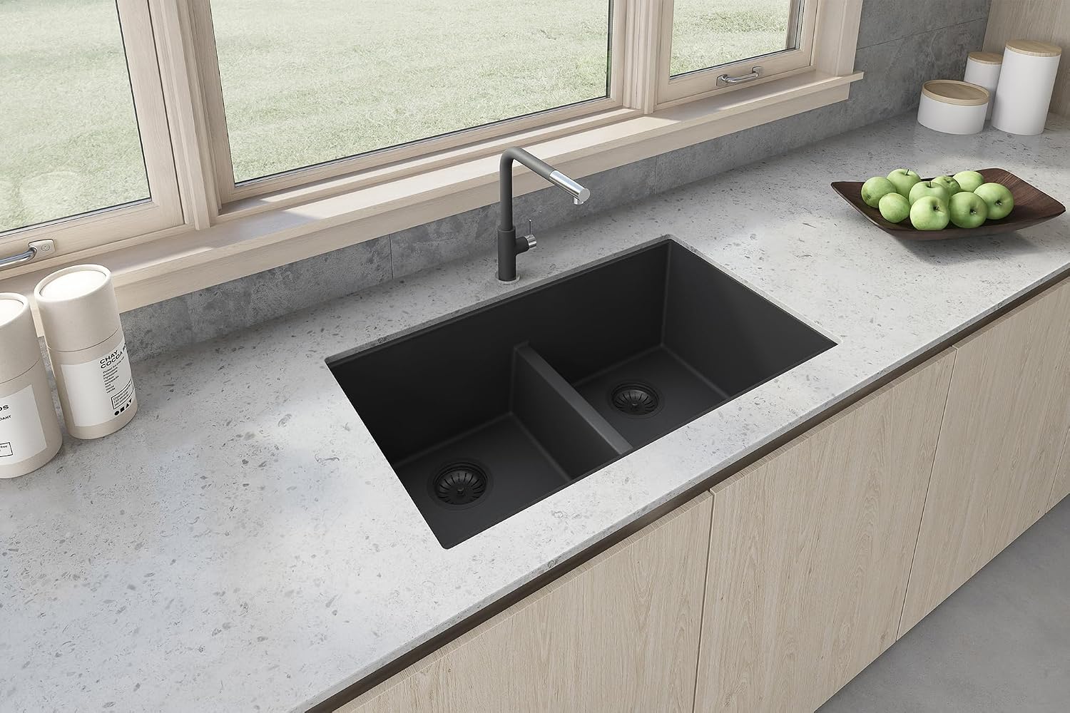 Ruvati 33 x 19 inch Granite Composite Quartz Undermount Low Divide Double Bowl Kitchen Sink - Midnight Black - RVG2385BK