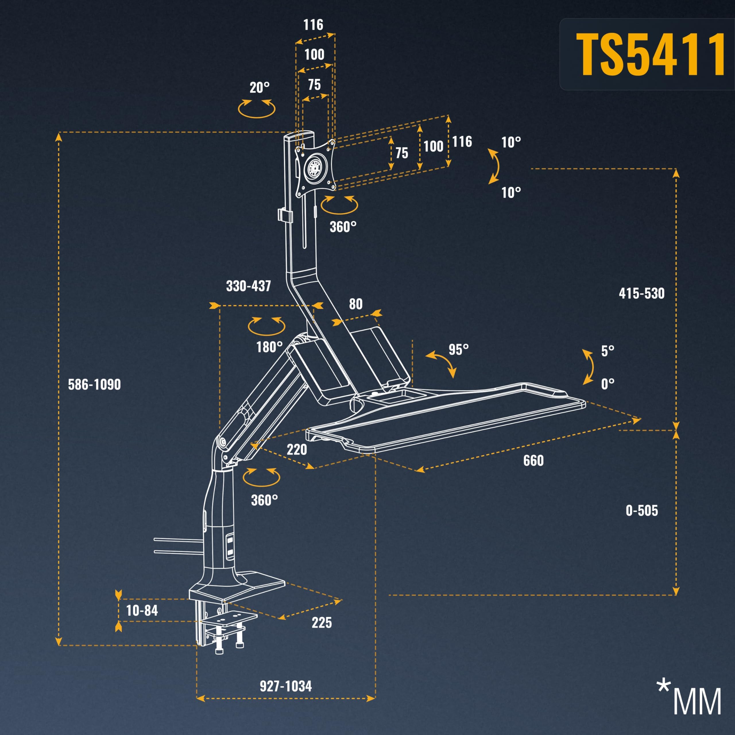 RICOO TS5411 Support Écran PC TV 13 17 19 22 24 27 28 32 Pouces VESA 75x75 100x100 Ressort à gaz Rangement Clavier Orientable Inclinable Rotatif Universel Fixation Bureau