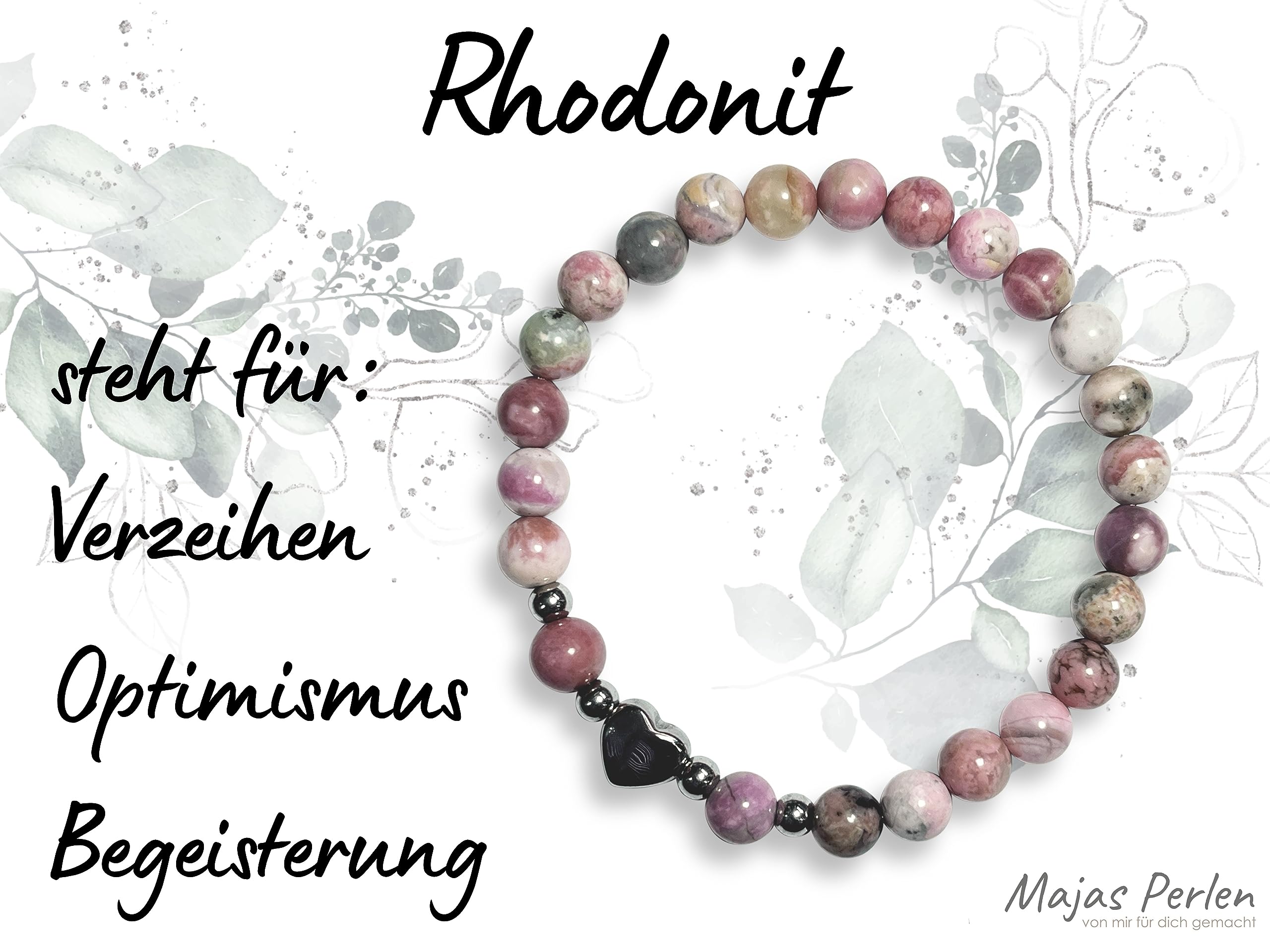 Rhodonit Armband Perlen echt 6mm Herz Edelstahl Silber Gold Roségold oder Ionisiert - Handmade Perlenarmband Verzeihen Begeisterung Optimismus - Spiritueller Schmuck Damen Mädchen
