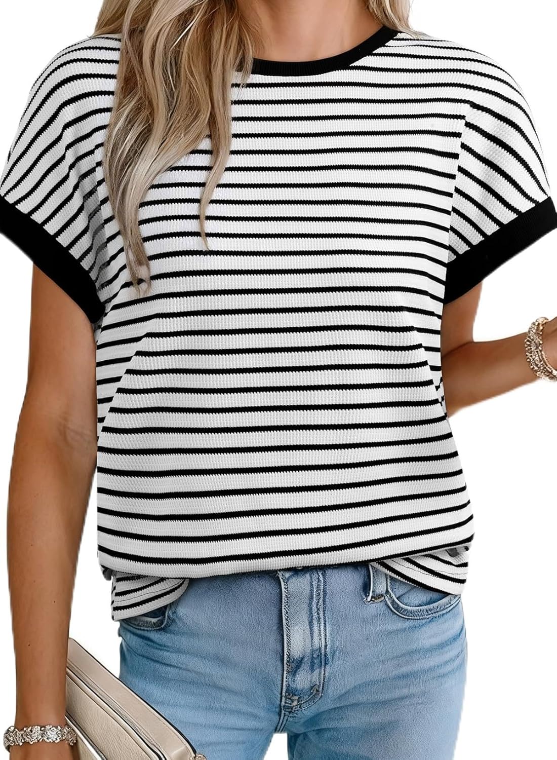 Acelitt Women’s Short Sleeve Knit Tops 2025 Trendy Crewneck Striped T Shirts Casual Summer Blouses Outfits