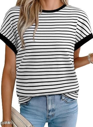 Acelitt Womens Short Sleeve Knit Tops 2026 Trendy Crewneck Striped T Shirts Casual Summer Blouses Outfits