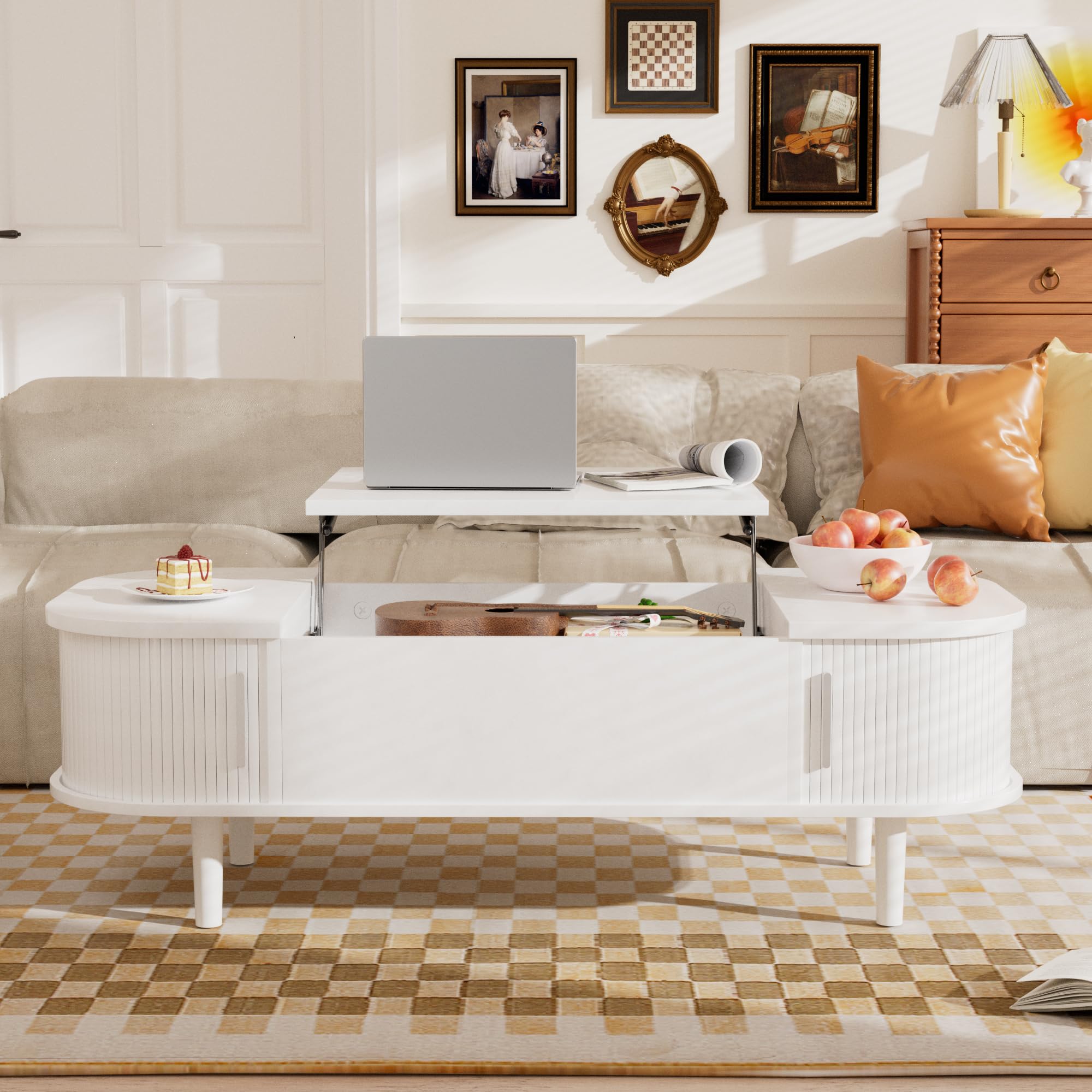 PURFINO Couchtisch mit Hebeplatte – Moderner Holztisch mit Einzigartiger Textur & Verstecktem Stauraum, Kaffeetisch für Wohnzimmer, Schlafzimmer, Kleine Räume, Home Office