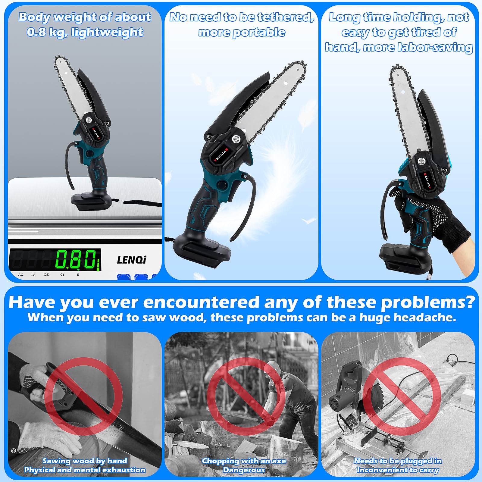 Mini motosierra eléctrica de 6 pulgadas con 2 baterías de 6000mAh y cargador,Batería de motosierra manual con cerradura de seguridad Batería de motosierra manual para podadoras podadoras cortador b