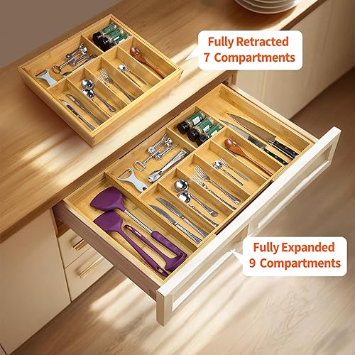 Miniatura 4 de Utoplike Organizador de cajones de cocina extra grande, soporte de cajón de bambú expandible para utensilios, cubiertos, bandeja de cubiertos de 7 a