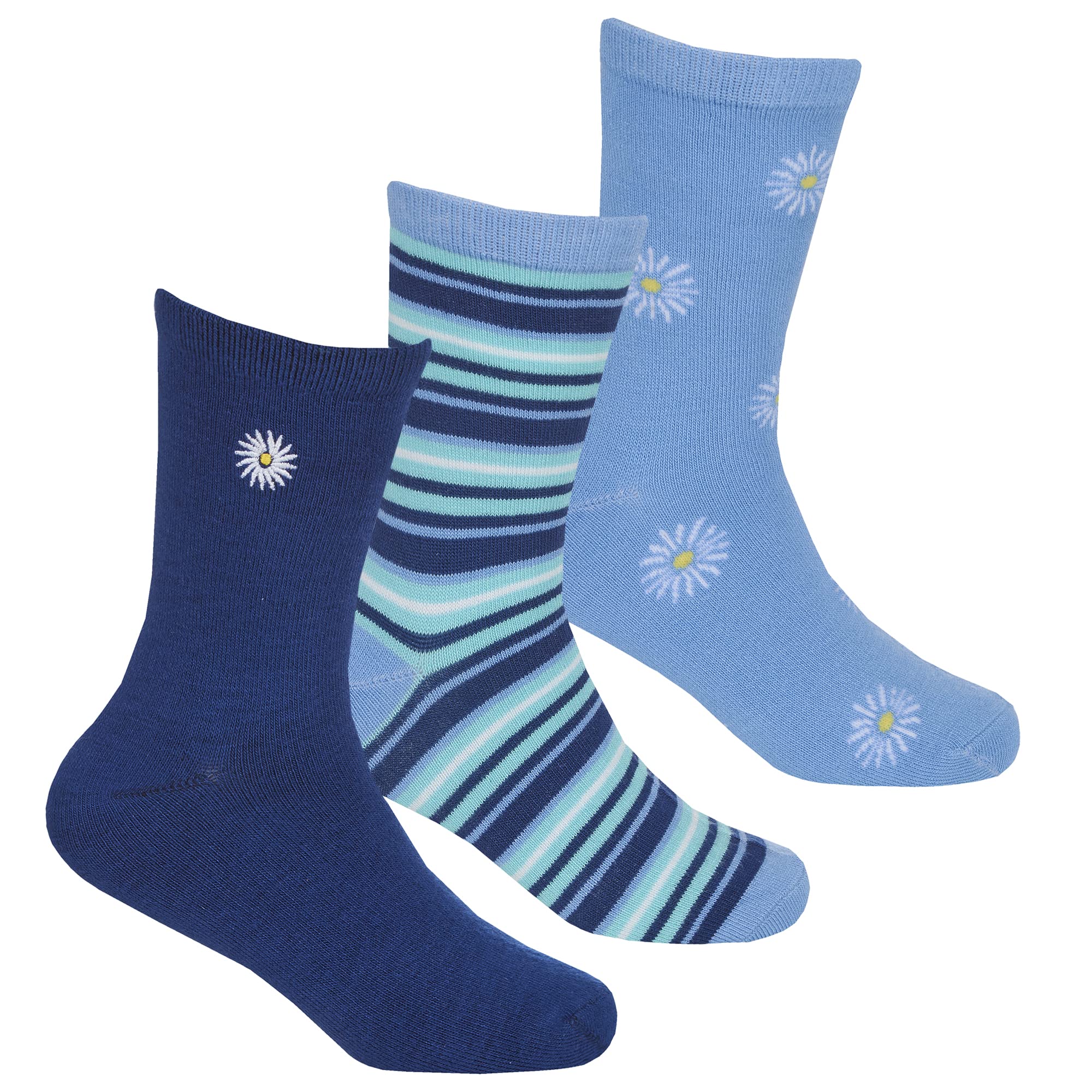 Metzuyan 3 Pairs Kids Girls Bamboo Viscose Embroidered Novelty Colourful Bees Floral Mid Calf Socks Blue 4-5.5