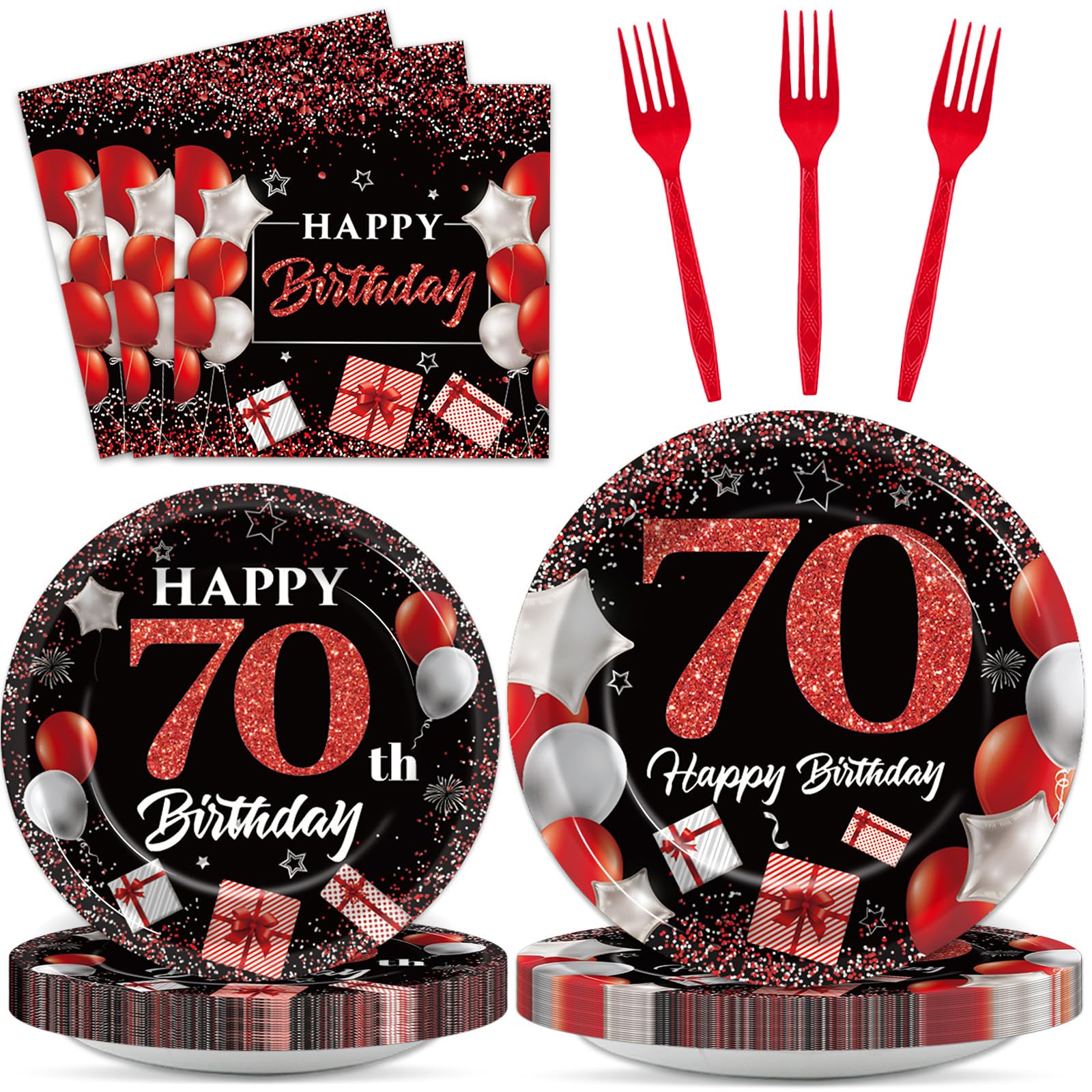 gisgfim 96 Pcs 70th Birthday Plates and Napkins Party Supplies 70 Years Old Party Tableware Set Red Black Dinner Dessert Plates 70th Birthday Decorations Favors for Man Women for 24 Guests