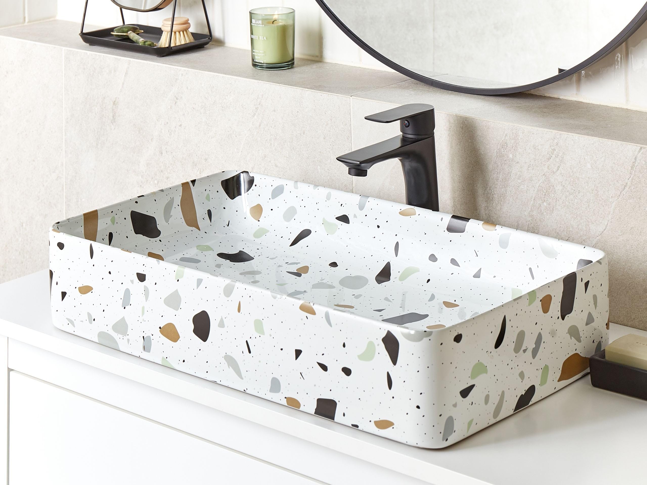 Umywalka łazienkowa nablatowa ceramiczna z efektem lastryko prostokątna 61 x 35 cm Nules