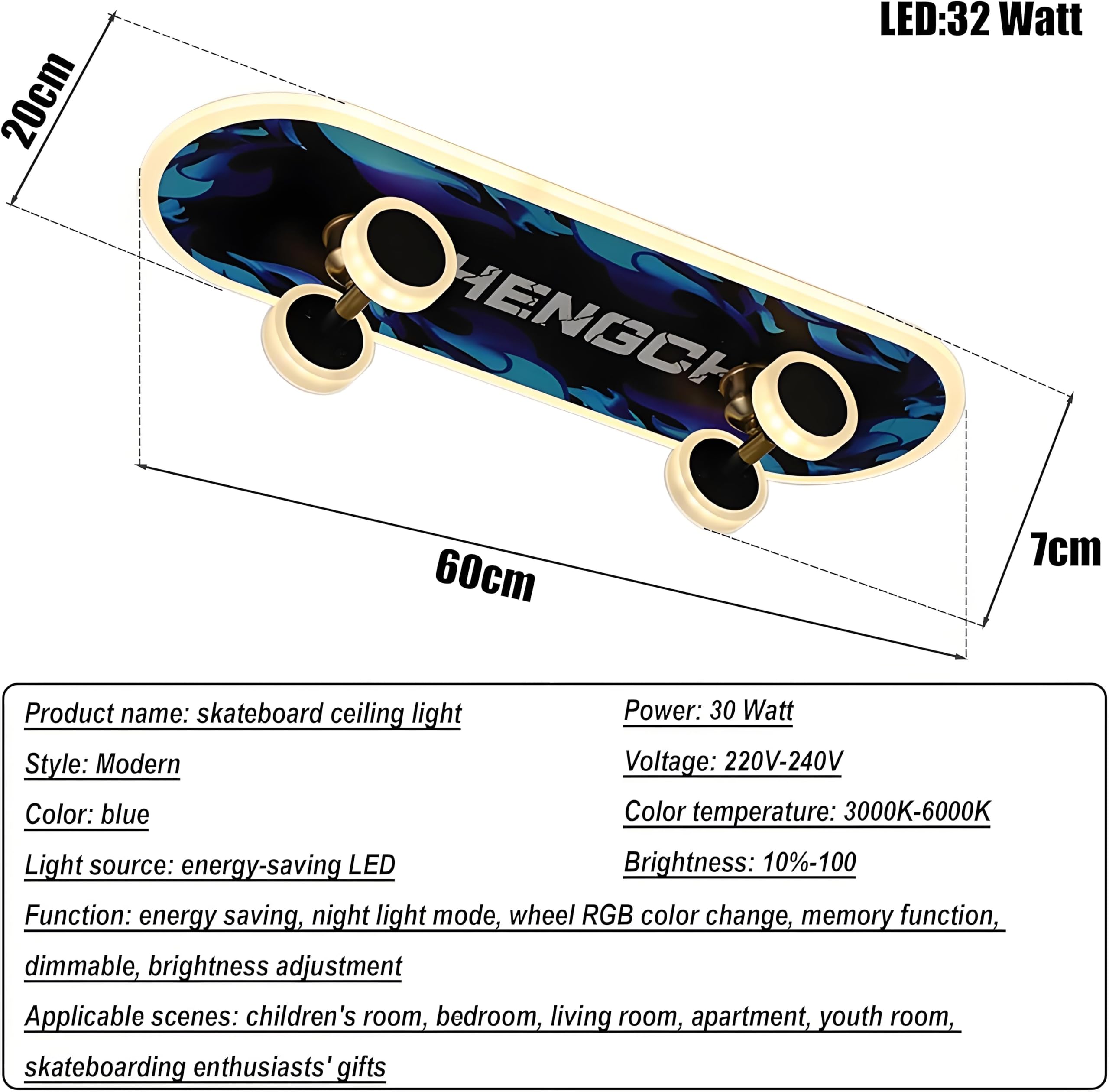 LED Deckenleuchte - Kinderzimmer Lampe Decke Dimmbar mit Fernbedienung & APP, RGB Farbwechsel Kinder Deckenlampe, Kreative Skateboard Leuchte für Deko Junge/Mädchen Schlafzimmer, 32W, L60CM